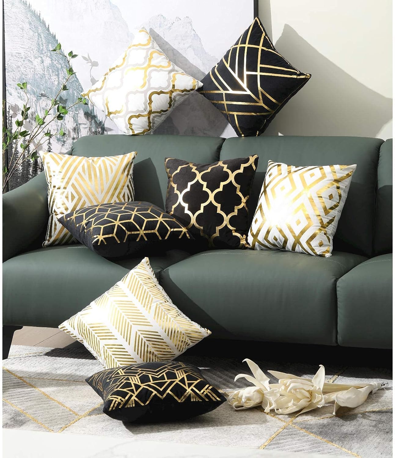 ZLINA Home Decorative Set of 4 Throw Pillow Covers Gold Foil Pillow Covers 18 ×18 Inch Geometric Square Cushion Covers Decor Couch Sofa Bedroom(Black and Gold) - Image 5