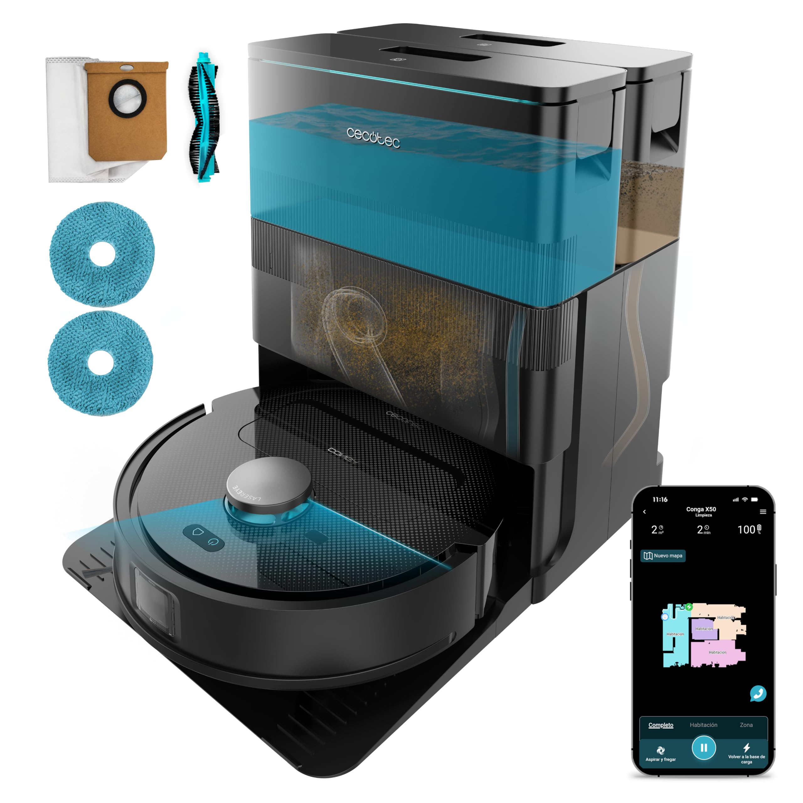Cecotec Robot Vacuum Cleaner and Floor Cleaner with Self-emptying Base and App Conga X50 X-Treme. Laser Navigation, 15000Pa, Autonomy 240min, Elevable Mops, Base with 3 Tanks