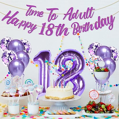 Miniatura 4 de Decoraciones moradas de cumpleaños número 18 para niñas, banda, tiara de 40 pulgadas, globos de papel de aluminio, globos de confeti de oro rosa,