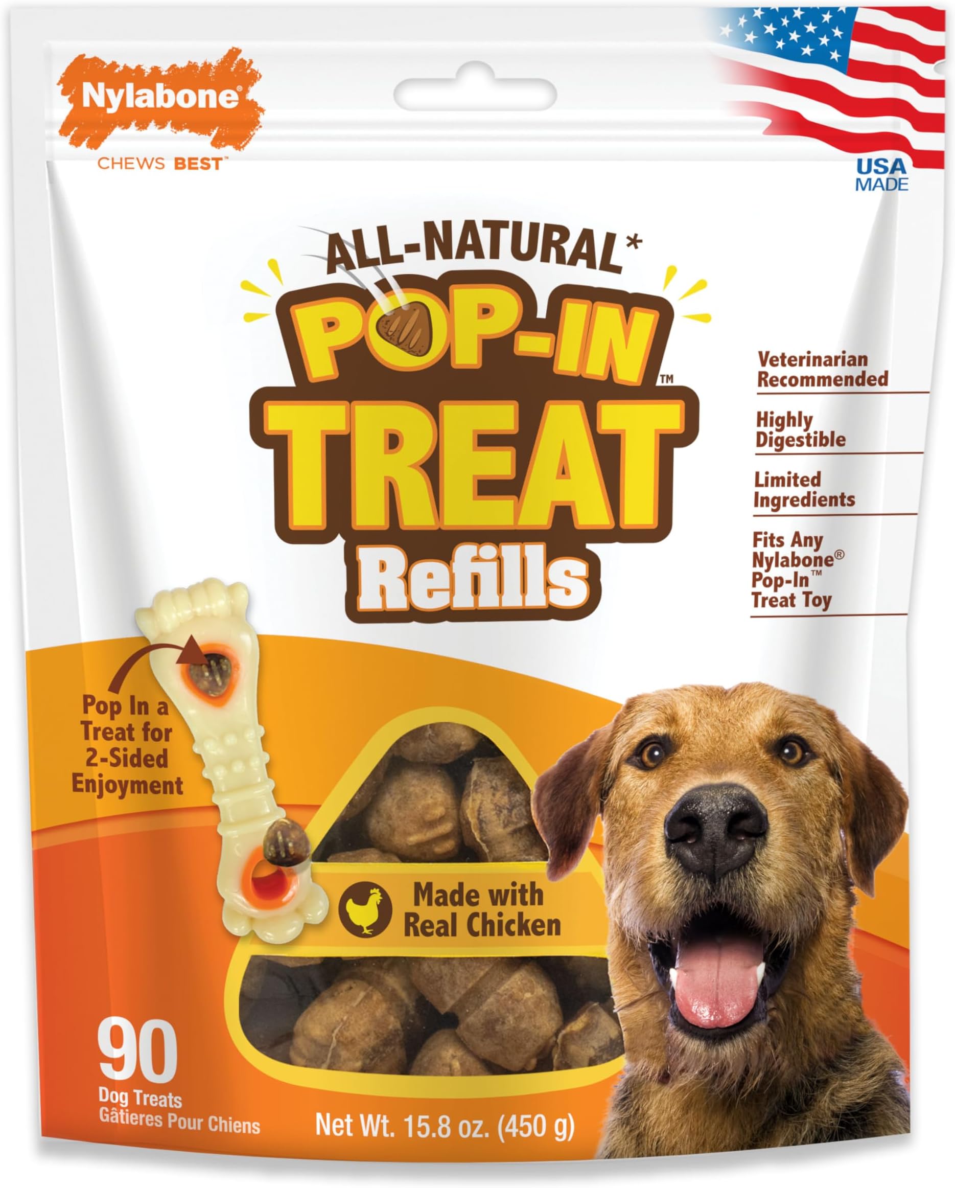 Pop-in Treat-Toy Refill Chews, All-Natural Dog Treats for Treat Dispensing Toys, Chicken Flavor, 90 Count