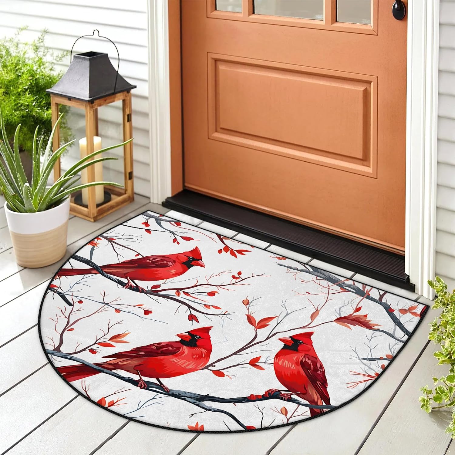 Christmas Half Round Doormat Festive Holiday Welcome Mat for Front Door, Porch, Entryway, Non-Slip Indoor Outdoor Rug, Bullfinch Cardinals Redbird Semi Circle Area Rug for Kitchen Patio, 36 x 34 Inch