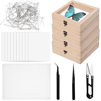 20 PCS Insect Specimen Tools Kit 4 Wooden Display Case Box with Clear Top 10 Sheets Thin Tracing Paper 2 EVA Foam Pinning Board 200 Pins 2 Tweezers 1 Scissors Tools for Bugs Collection
