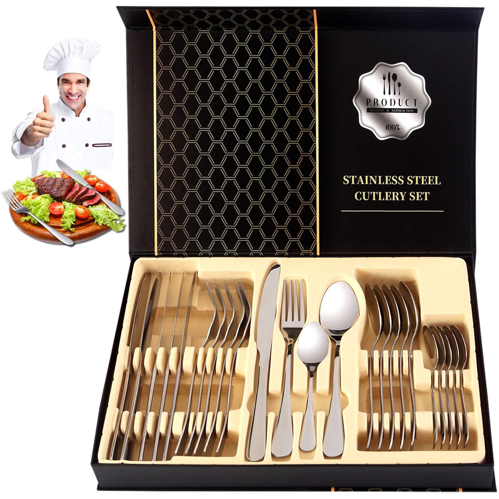 Silverware Set for 6, 24-Piece Stainless Steel Flatware Set, Housewarming Gift Sets with Premium box, Tableware Cutlery Include Knife/Fork/Spoon/Teaspoon with Polished Finish, Dishwasher Safe
