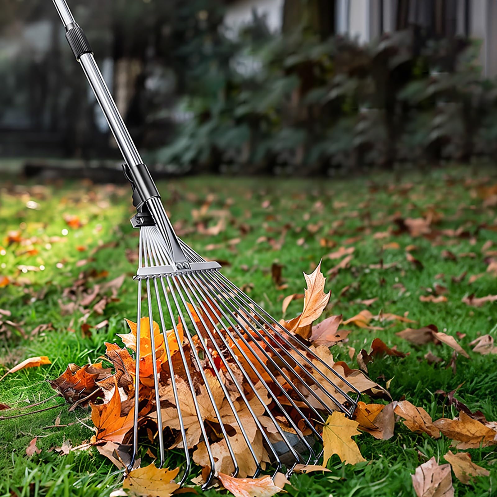 Laubrechen Mit Stiel Gartenharke aus rostfreiem Stahl für Unkraut – von 55 cm bis 75 cm, einziehbarer Laubharke mit verstellbarem Kunststoffgriff, ergonomischer Rechen für Komfort in empfindlichen Ber