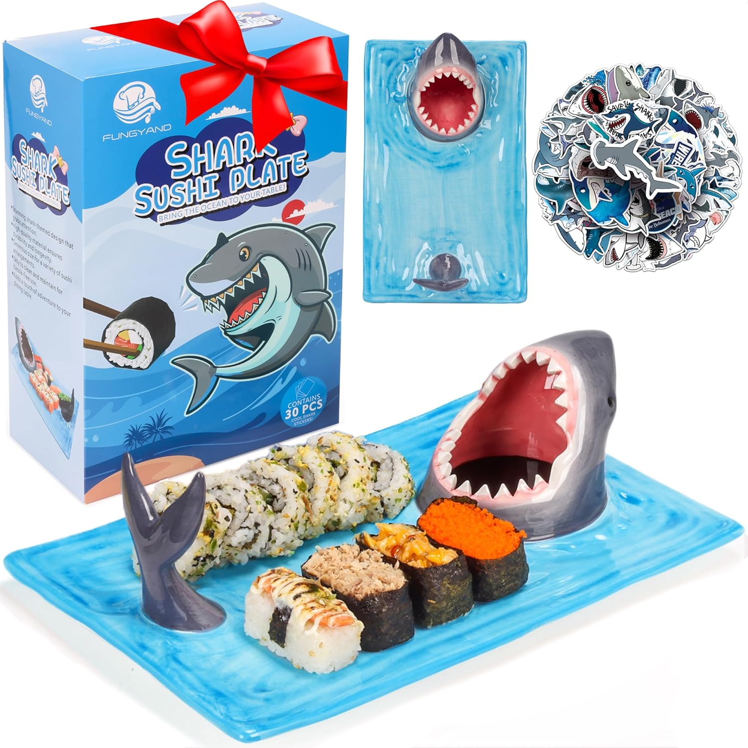 FUNGYAND Shark Sushi Plate – Hand-Painted Ceramic, Lead-Free & Food-Safe, 3-in-1 Multi-Functional Design, Includes 40 Shark Sticks, Microwave/Oven/Freezer/Dishwasher Safe – Ideal for Sushi Lovers