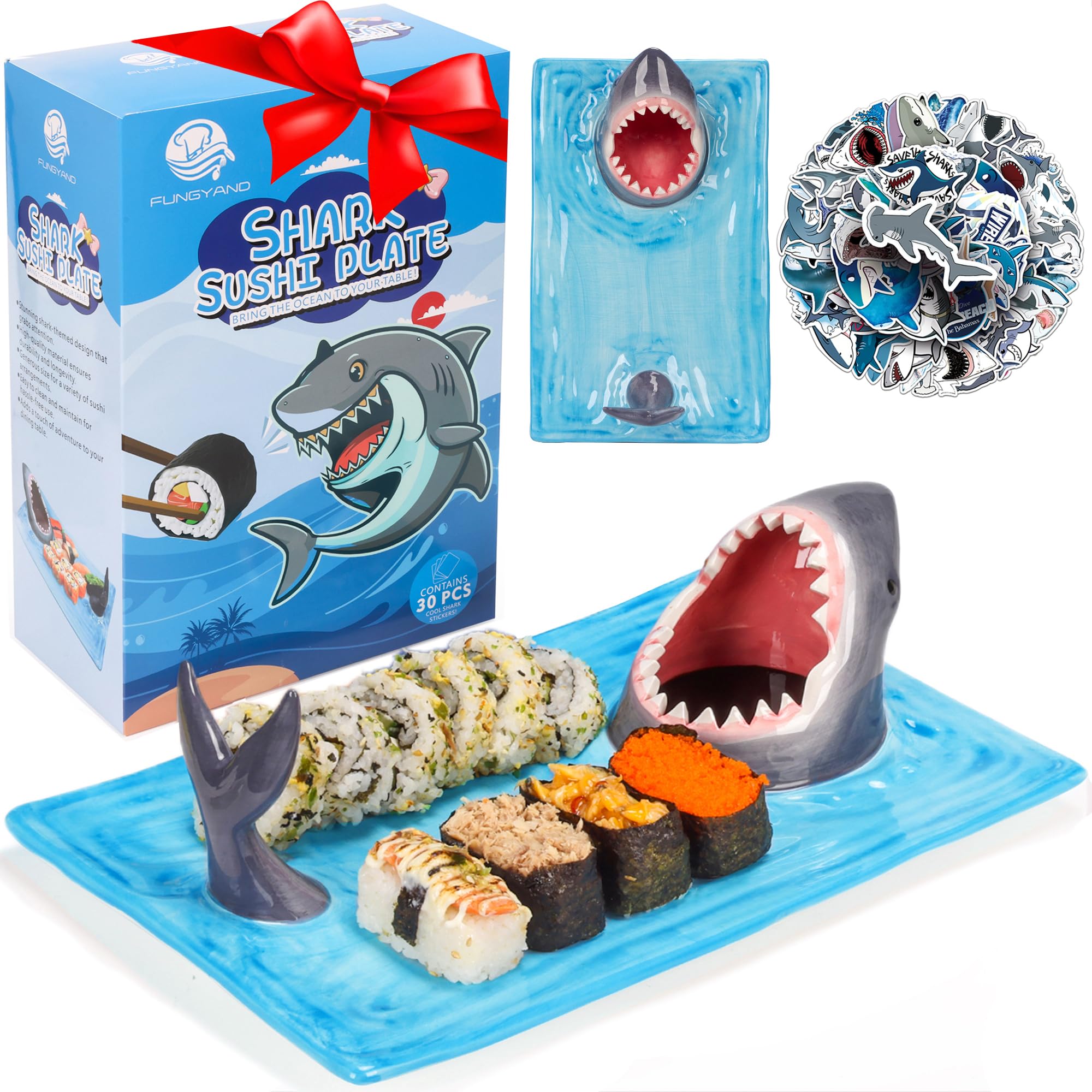 FUNGYAND Shark Sushi Plate – Hand-Painted Ceramic, Lead-Free & Food-Safe, 3-in-1 Multi-Functional Design, Includes 40 Shark Sticks, Microwave/Oven/Freezer/Dishwasher Safe – Ideal for Sushi Lovers
