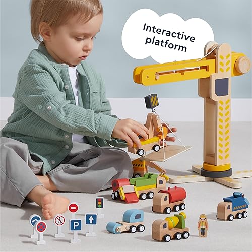 Miniatura 7 de Juego de madera Crane Command Fleet, juego de 18 piezas para niños pequeños de 3 a 5 años, 8 vehículos, suspiros de carretera, madera no tóxica,