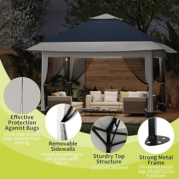 12x12ft Patio Gazebo, Outdoor Canopy with Mesh Walls, Pop Up Gazebo Tent with 4 Ropes 8 Stakes & Portable Carrying Bag, Double Roof, Easy Up Pavilion for Outside Garden, Backyard, Lawn
