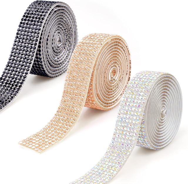 PuppyDoggy 3 Rolls Self Adhesive Rhinestone Strips Diamond Bling Crystal Ribbon Sticker Wrap for Craft Jewel Tape Roll with 2 mm Rhinestones for DIY Car Phone Present Decoration DIY (0.6 in x 1 Yard)