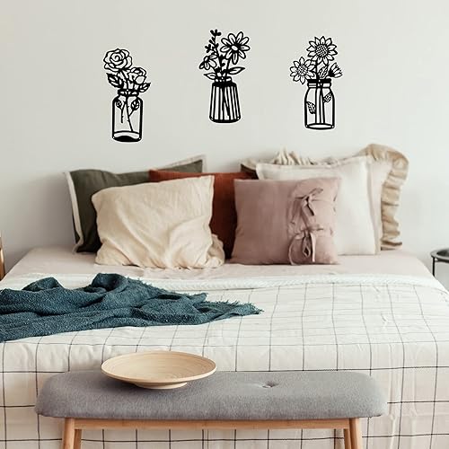 Miniatura 7 de qzmaikoo 3 piezas de rosas de girasol margaritas flores de metal negro decoración de pared jarrón de metal arte de pared esculturas de pared de