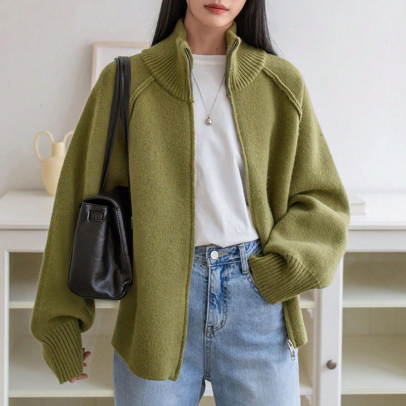 Maglione da donna, casual, con cerniera, cardigan, collo alto, maniche lunghe, morbido, caldo, vestibilità larga, top per l'inverno