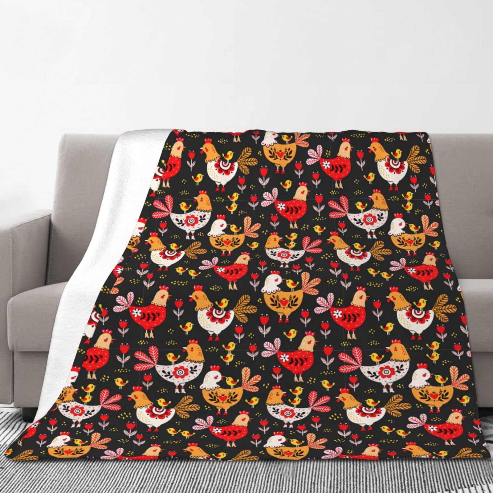 Couverture en flanelle avec imprimé coq et poules - 177,8 x 203,2 cm - Confortable et chaude - Pour l'hiver - Pour camping ou voyage