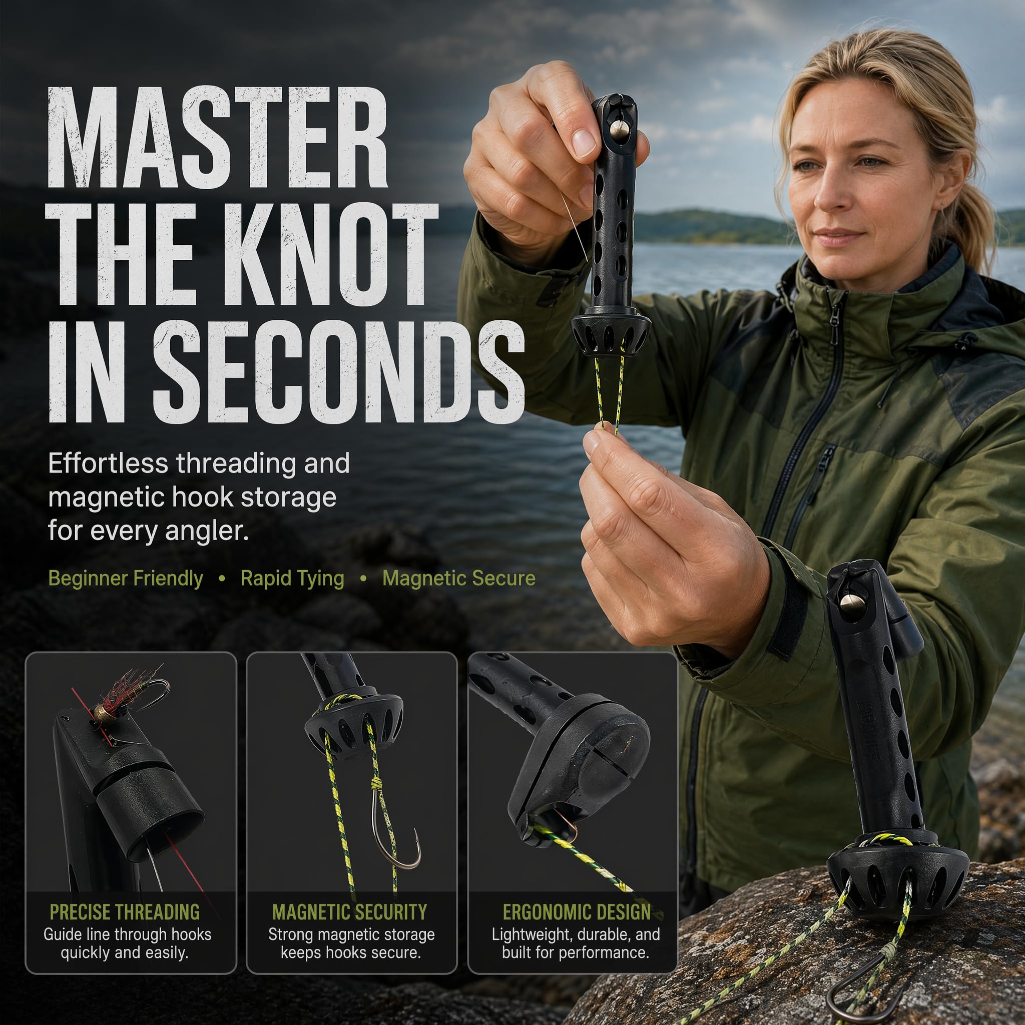 PGonline Fly Fishing Magnetic Fly Threader, infila mosche magnetico, aiuto per legare i nodi a mani libere, accessorio da pesca compatto e durevole per pescatori