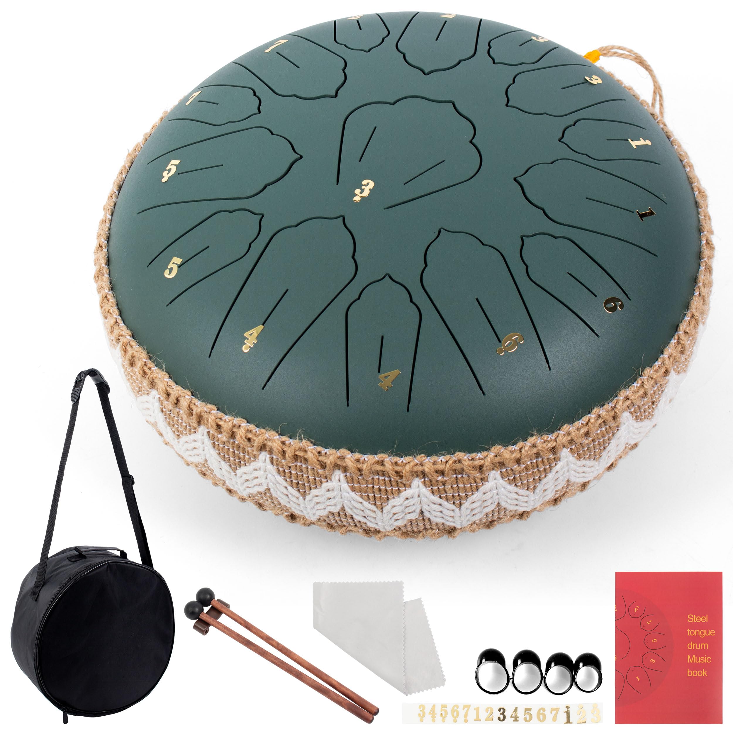 Steel Tongue Drum C Majeur, 12 Pouces 30cm 15 Notes Tambour à Langue, Handpan pour la Guérison par Le Son, la Méditation, L'éducation Musicale et le Yoga, Hand Pan comme Cadeau, Vert