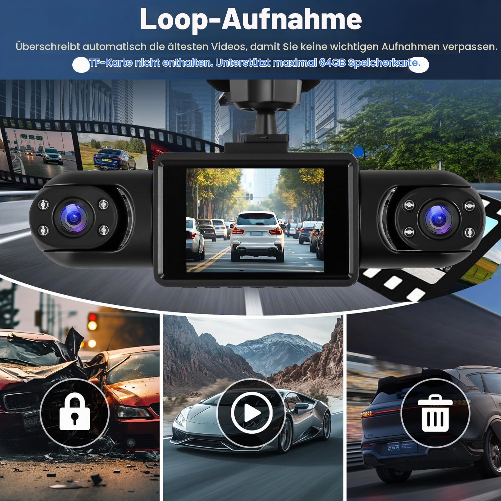 SIXWIN 4-Kanal 1080PDashcam Auto 360 Grad,2 Zoll Display mit 4 Auto Kameras,Front in 1080P+3 * 480P,Loop-Aufnahme,Nachtsicht, WDR,Bewegungserkennung, Einfache Montage