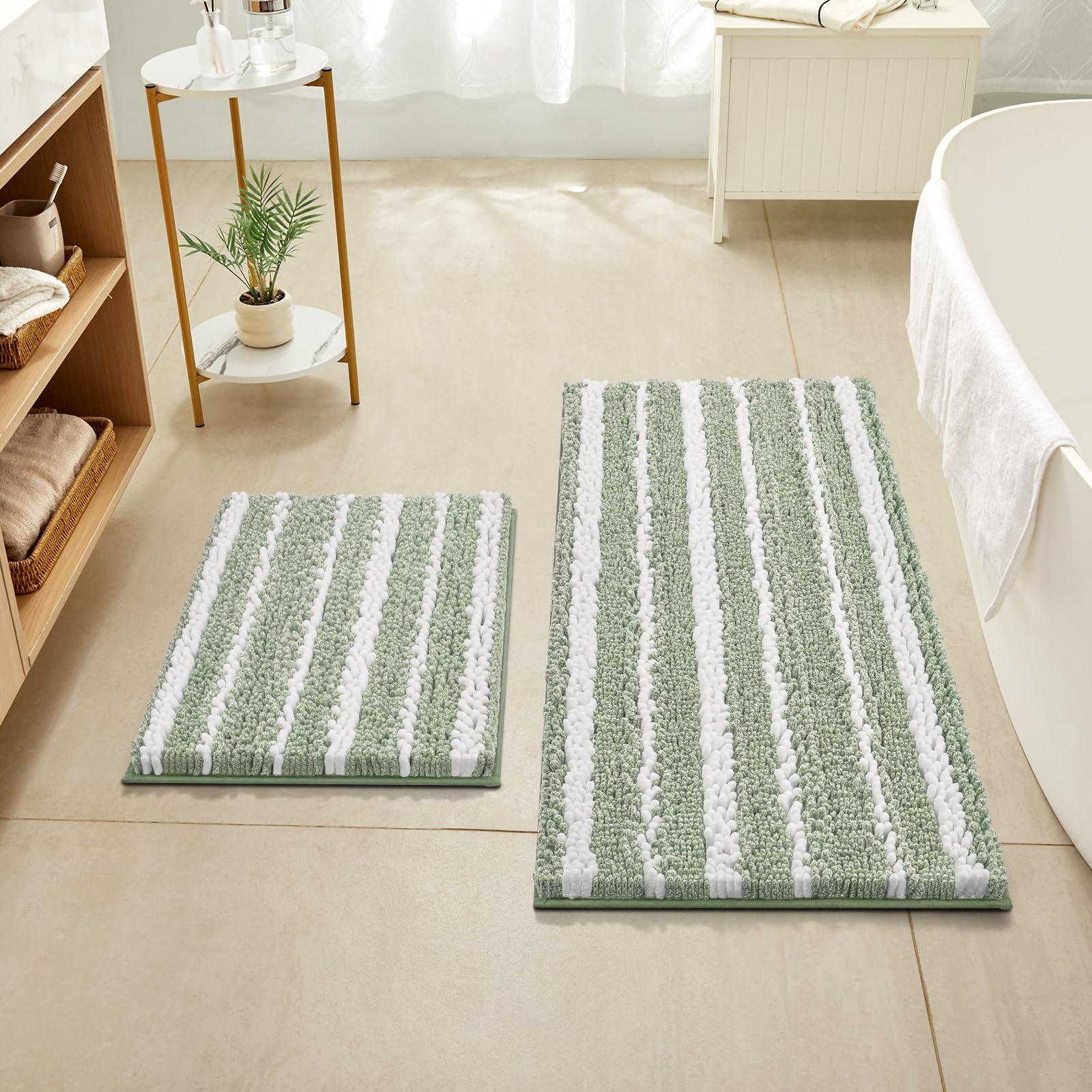 HOMEIDEAS Bathroom Rugs Sets 2 Piece, Cationic Dyed Chenille Extra Soft and Absorbent Non Slip Machine Washable Long Bath Mats (47"x20"+24"x17", Sage