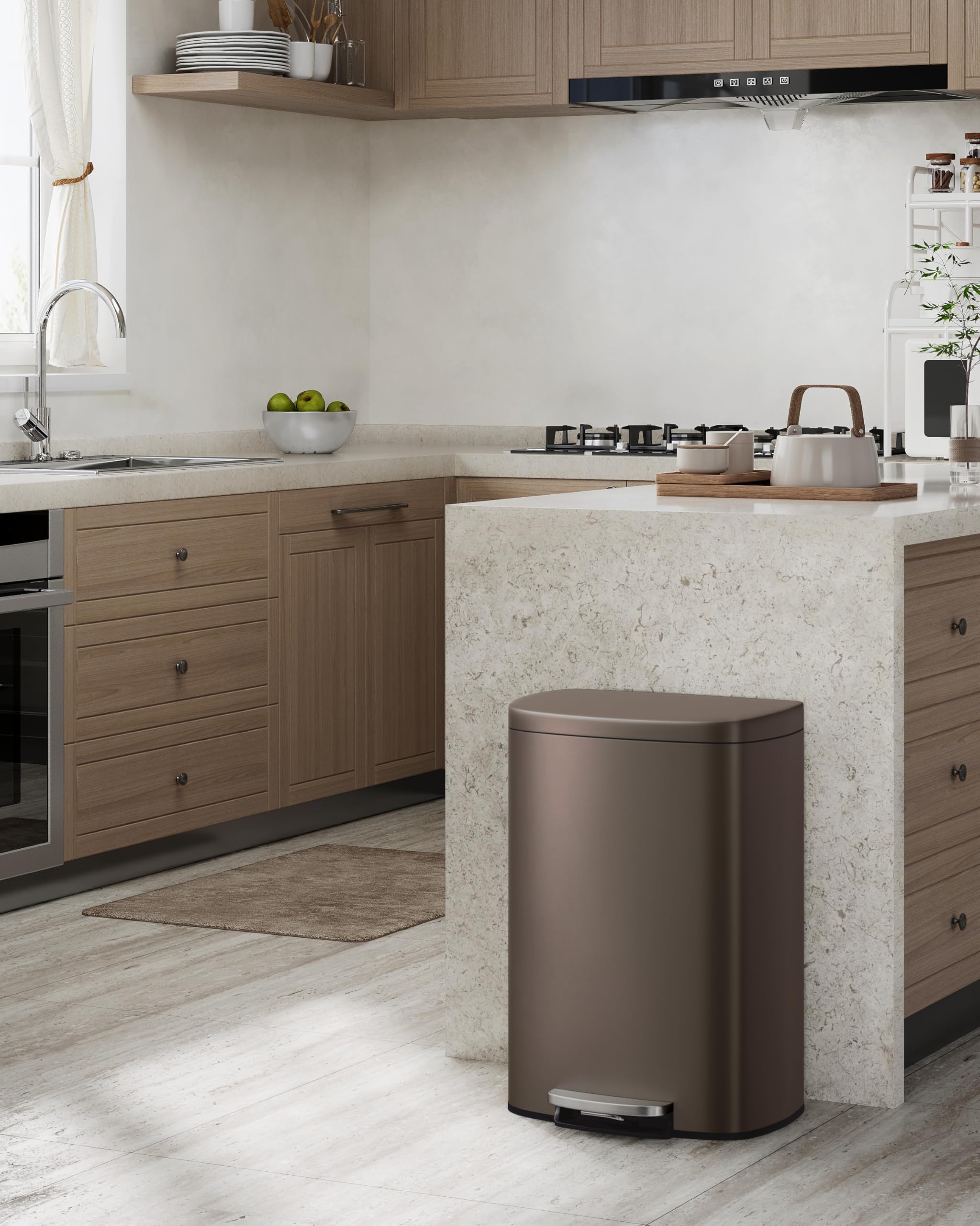 Edelstahl-Mülleimer Set 50 L + 10 L, rechteckiger Treteimer mit Soft-Close-Deckel, herausnehmbare Inneneimer, geruchsmindernd, schlank, mit Tragegriff – Braun