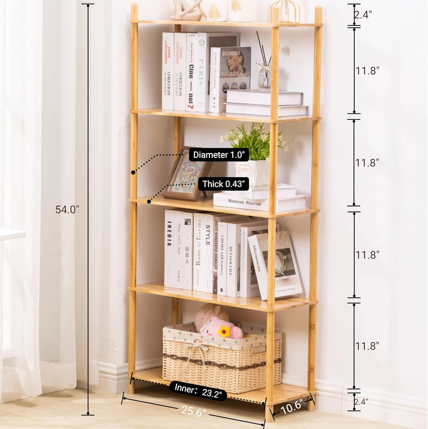Expandable Freestanding Open Bamboo Book Shelf - No-Tool Assembly & Modular,Bathroom Storage Shelf Unit Plant Stand for Small Space, Bedroom, Living Room, Home Office (1, Natural, 5-Tier L)