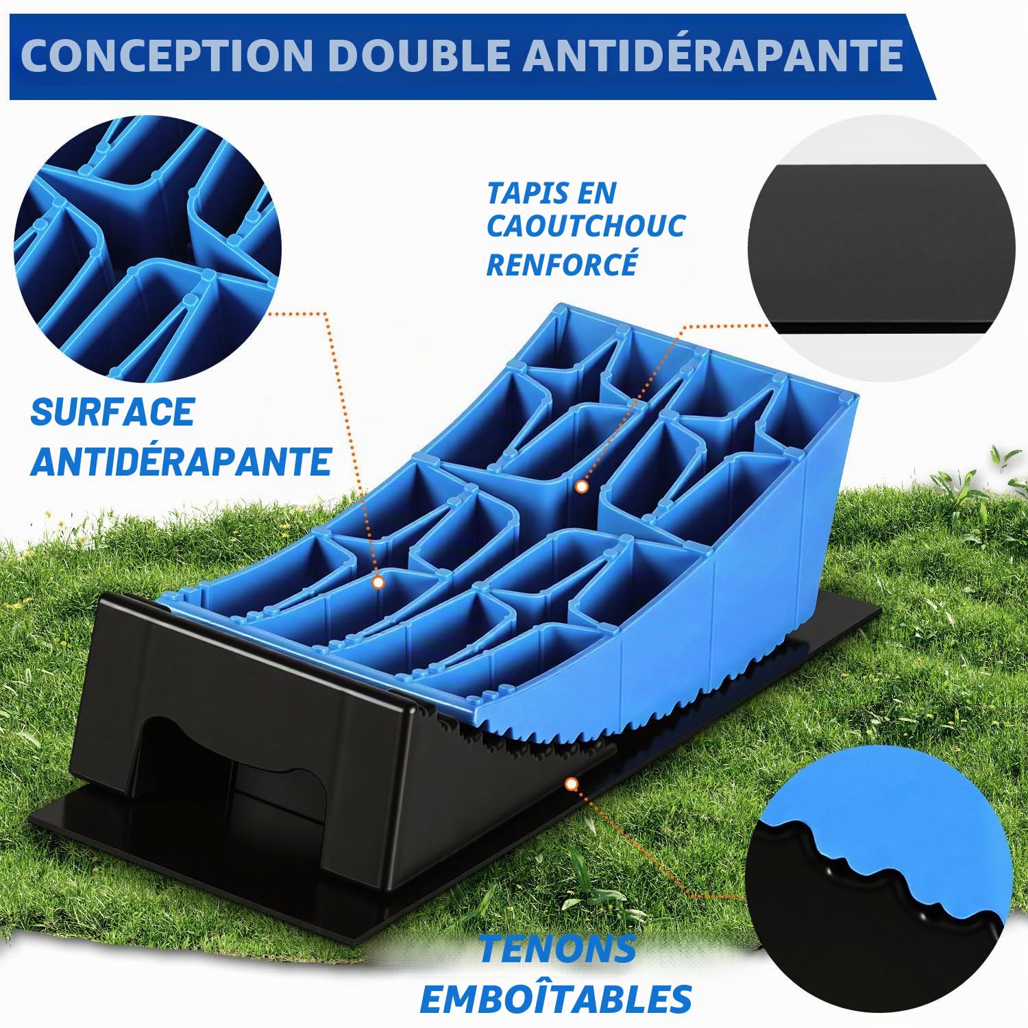 Lot de 2 cales de levage pour camping-car 13,5 t - 8 niveaux de compensation de hauteur de 2 à 10 cm - Double système antidérapant en polyéthylène haute densité - Avec tapis en caoutchouc et niveau à