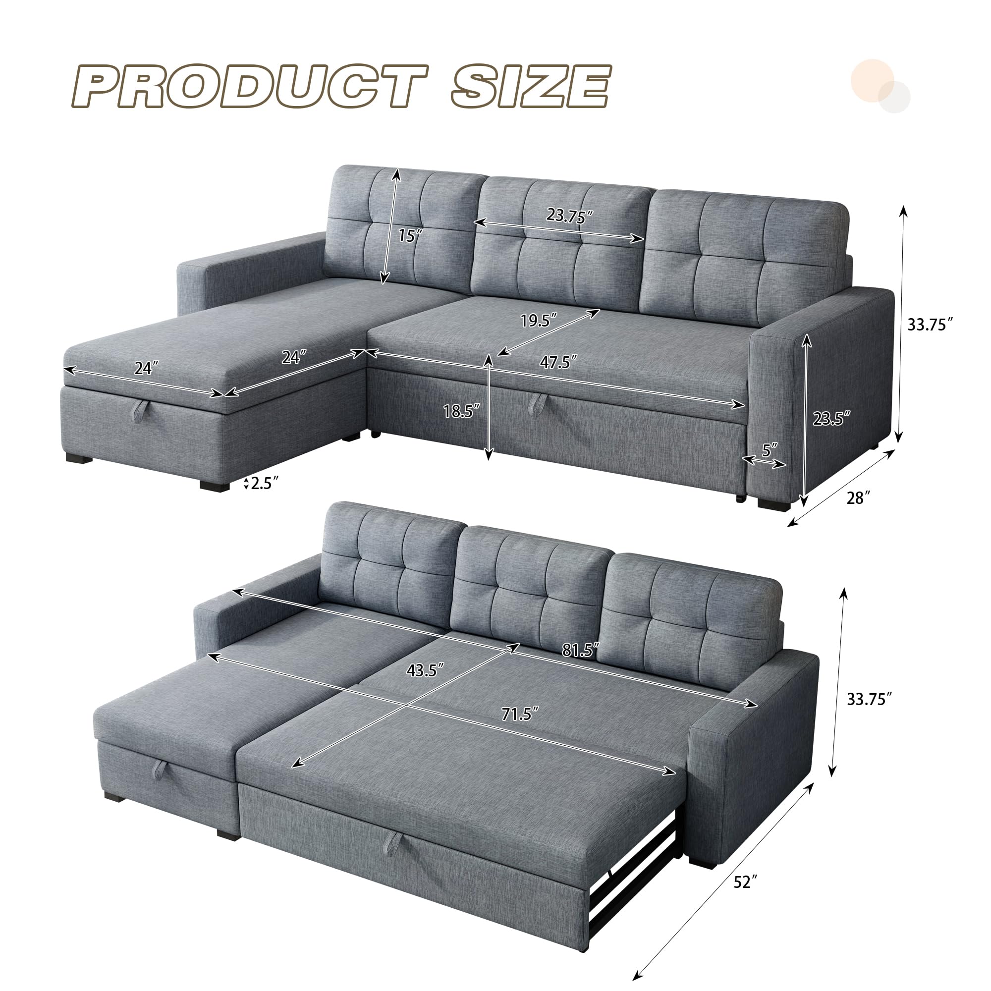 81.5" Sectional Sleeper Sofa with Storage Chaise, L Shaped Pull Out