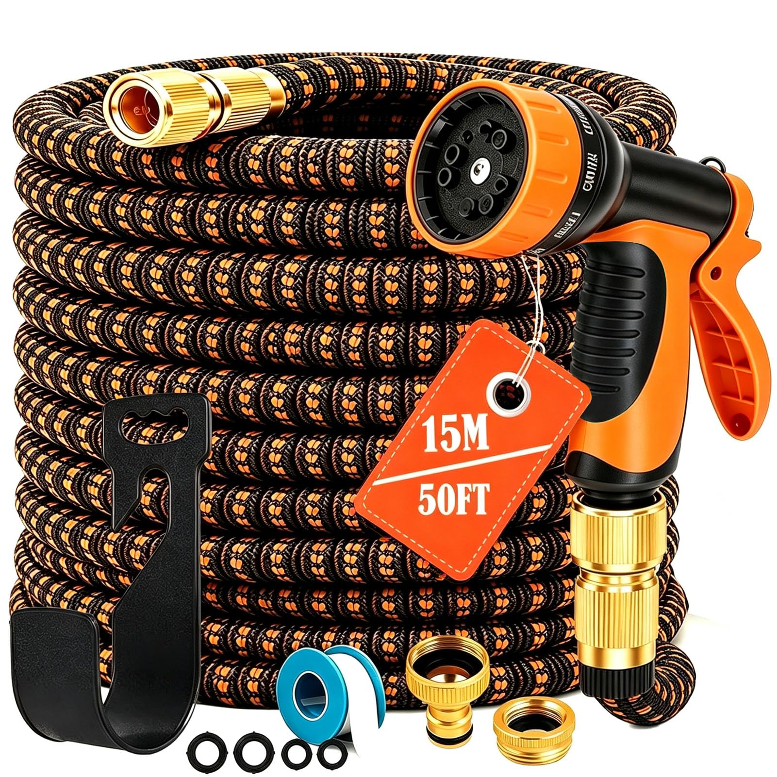 Nexvora Orange Expandable Garden Hose 50Ft Flexible Water Pipe 3/4" & 1/2" Connectors