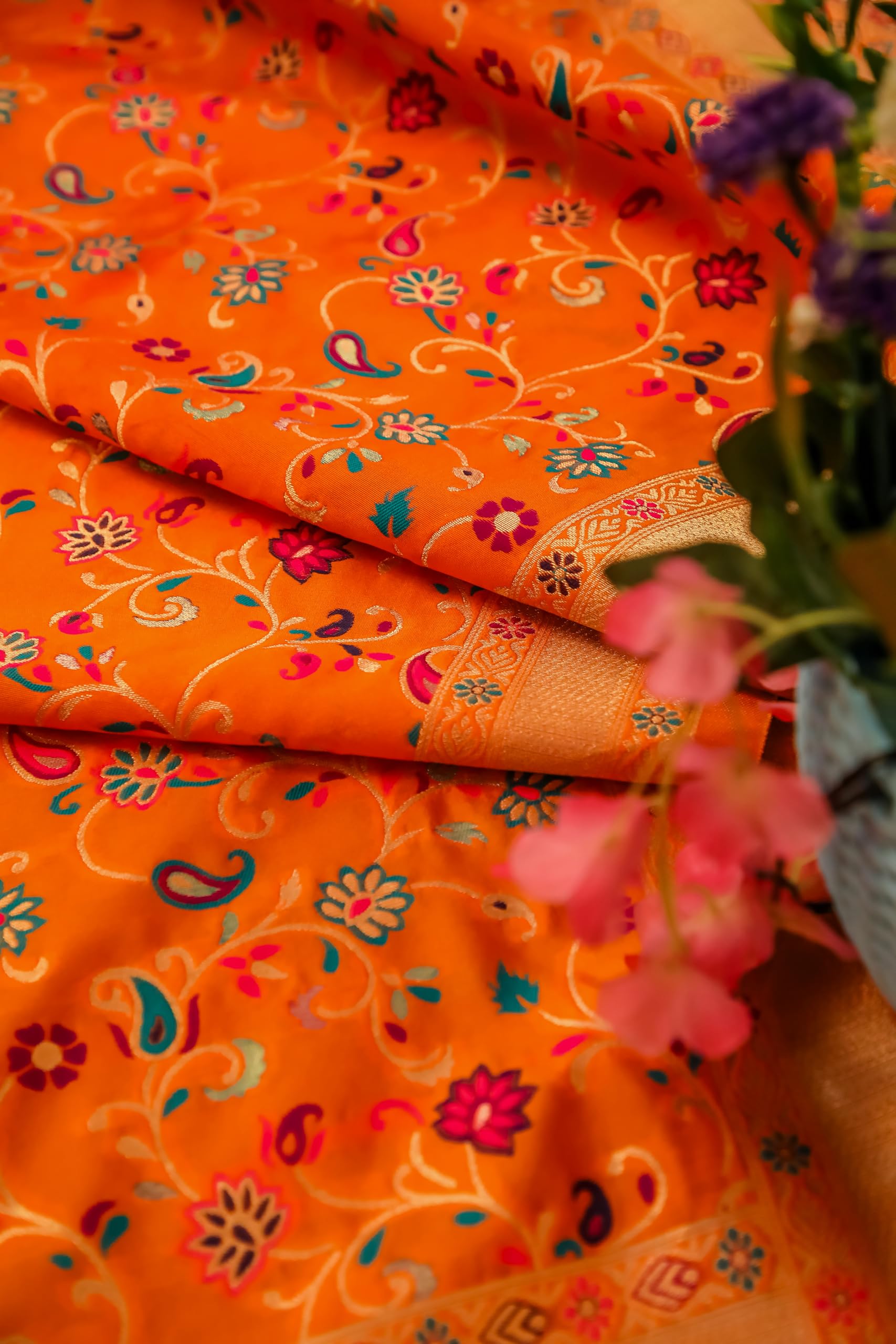 DEVANGI Women's Woven Banarasi Kashmiri Silk Jacquard Dupatta/Chunni with Meena Work, Width 1 Meter, Length 2.5 Meter (OM-DT-21-ORANGE-F)