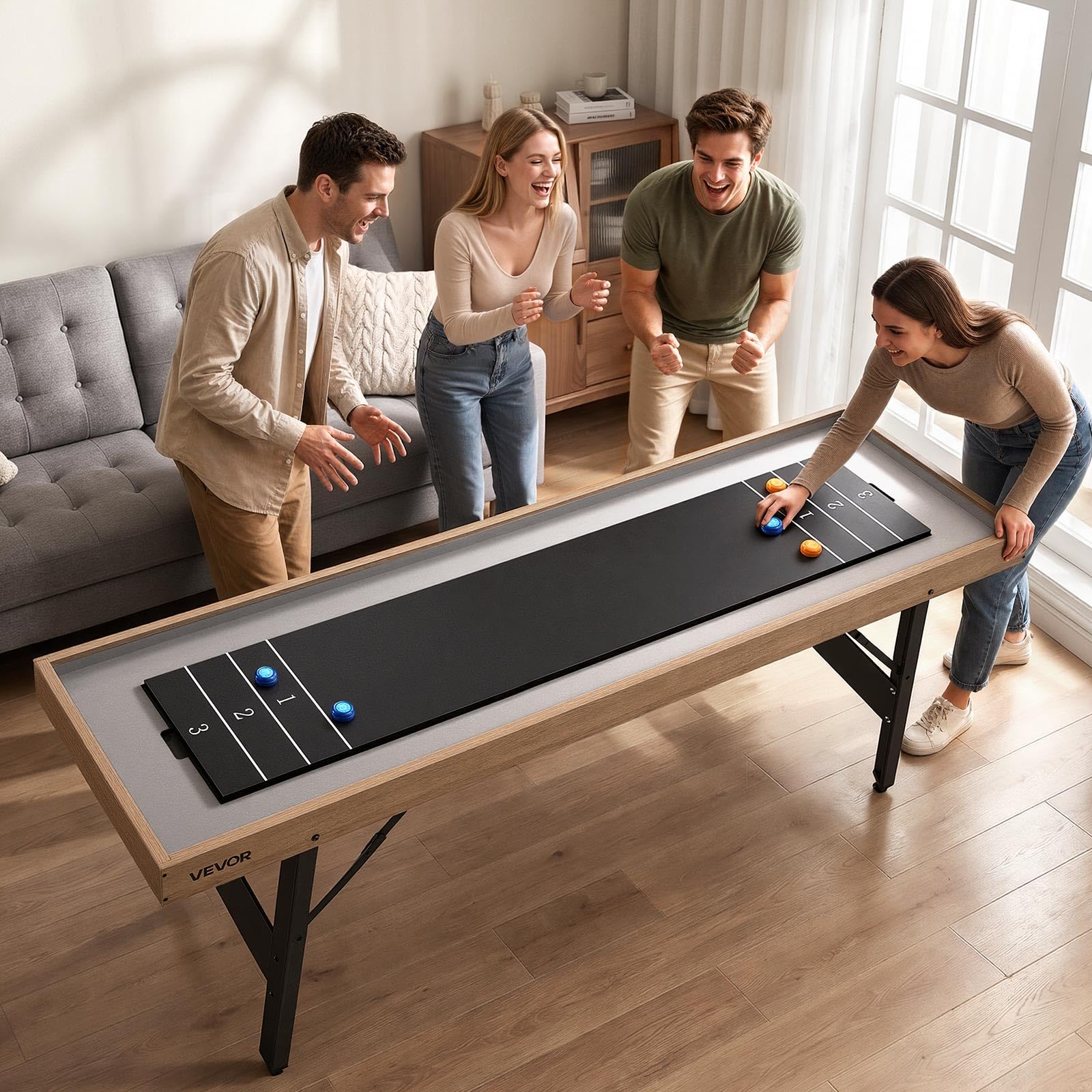 VEVOR Shuffleboard 2 in 1, 2,1 m, 2,7 m, 3,6 m, set combinato Shuffleboard e bowling, con campo di gioco antigraffio, dischi, set da bowling, cera, pennello, per sala giochi familiare