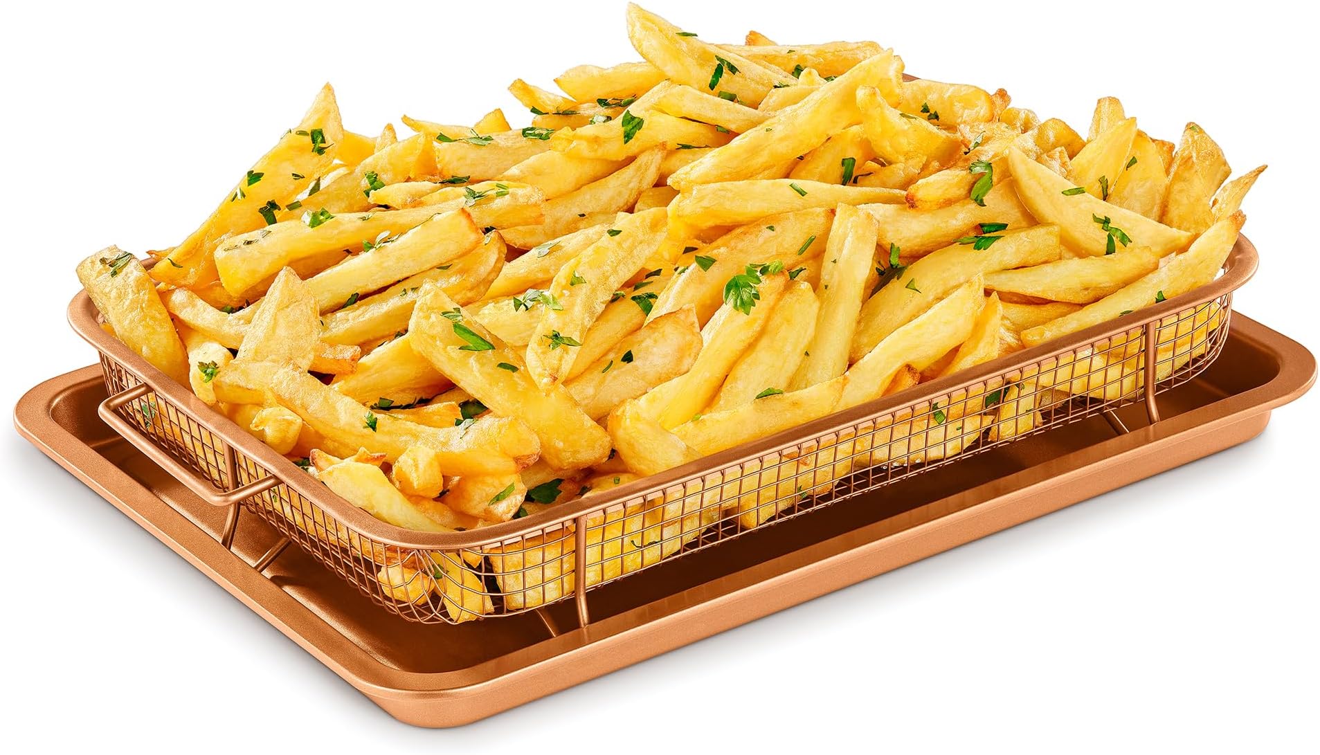 Bakken Swiss Air Fryer Tray Basket w/Elevated Mesh Great For Oven, For Baking & Crispy Foods, Dishwasher Safe,PTFE/PFOA/PFOS FREE Extra-large 9.5/''x13/'',Copper