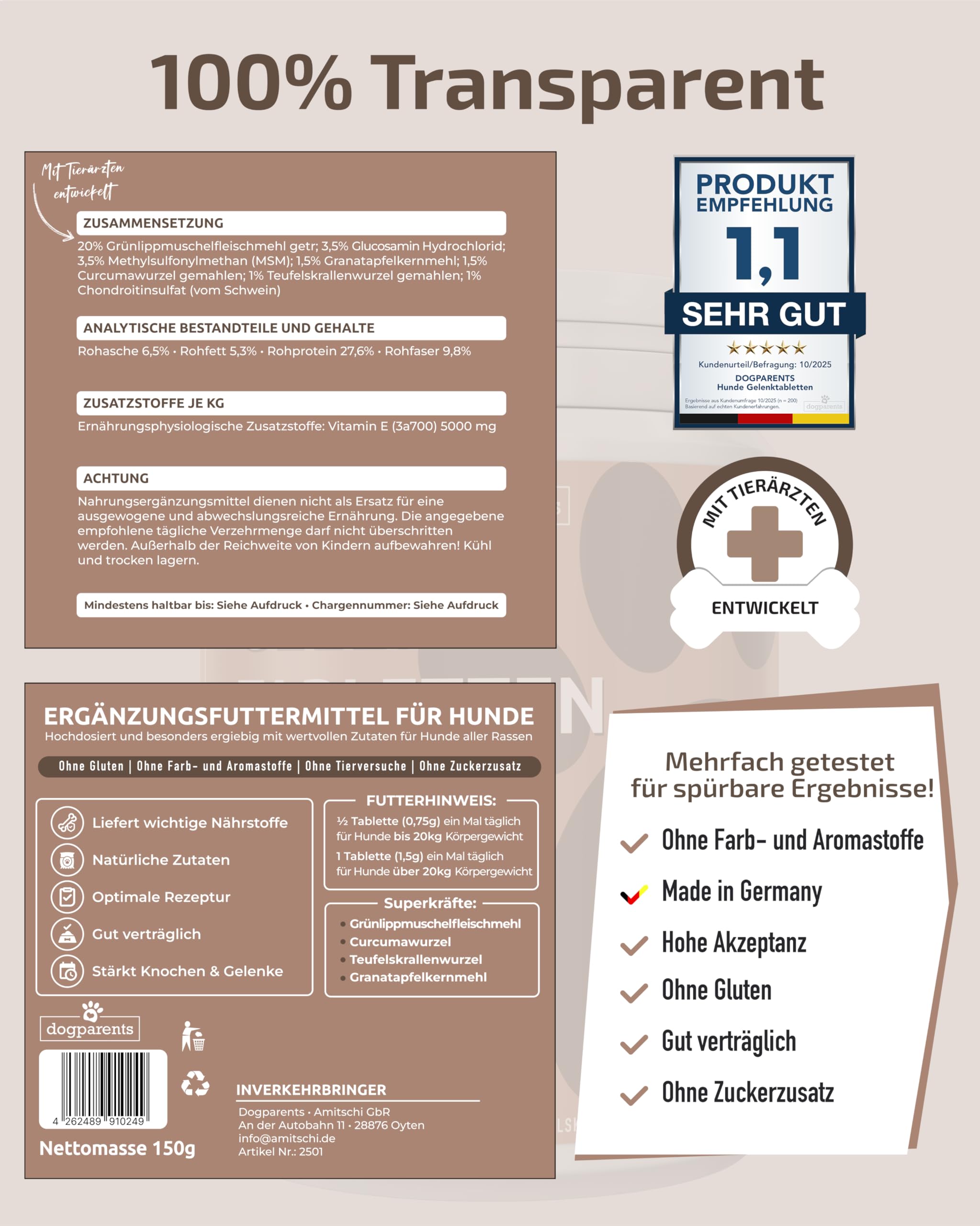 Gelenktabletten Hund [MADE IN GERMANY, ZUCKERFREI & LABORGEPRÜFT] Hochwirksame Formel mit Grünlippmuschel, MSM, Glucosamin, Curcuma, Granatapfel & Teufelskralle für Knochen & Gelenke (150g (1er Pack))