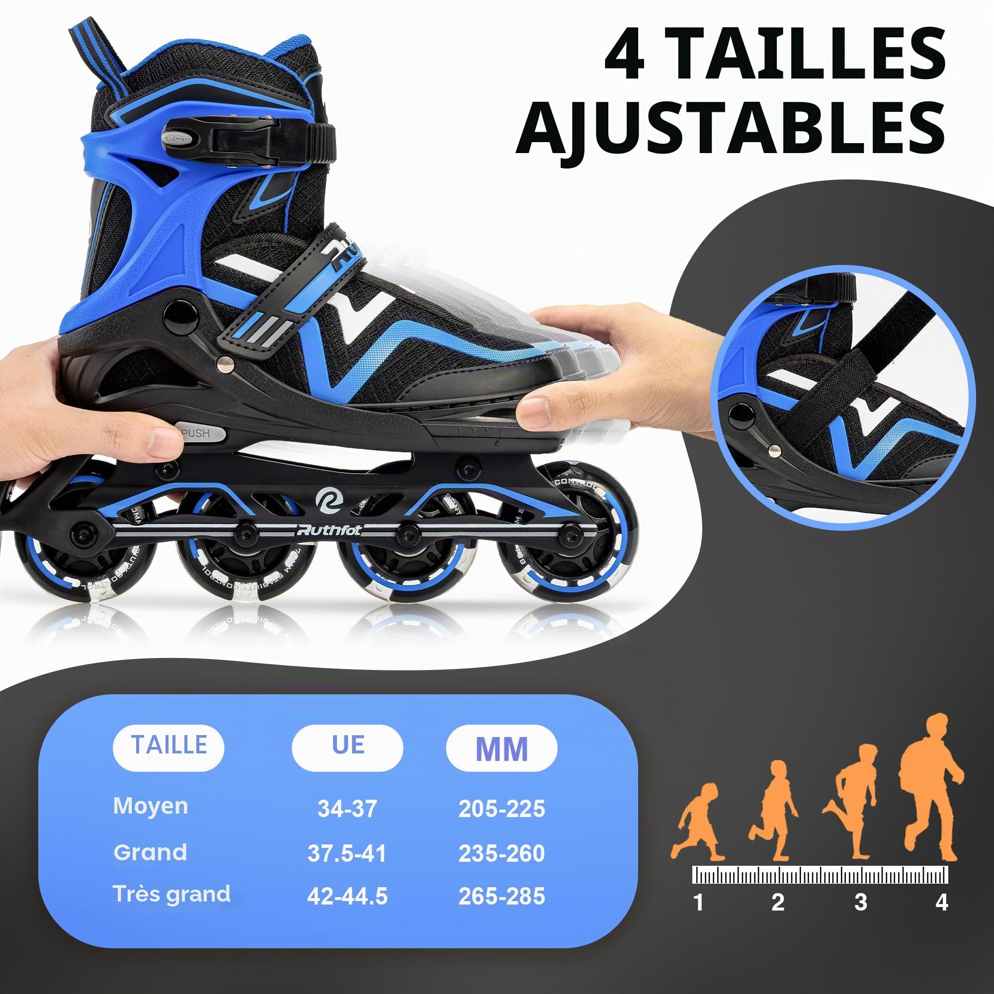 Ruthfot Patins à roulettes réglables pour Enfants, garçons et Filles, Patins Lumineux pour Enfants de 6 à 12 Ans, patines Lumineuses d'extérieur pour Femmes et Hommes