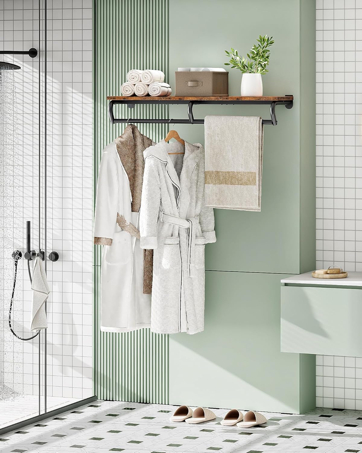 Wall Mounted Clothes Rack, Metal Garment Rack with Top Shelf, Laundry Storage Shelf with Hanging Rod, for Laundry Room, Bedroom, Entryway and Storage Room, Rustic Brown and Black TYM02BF