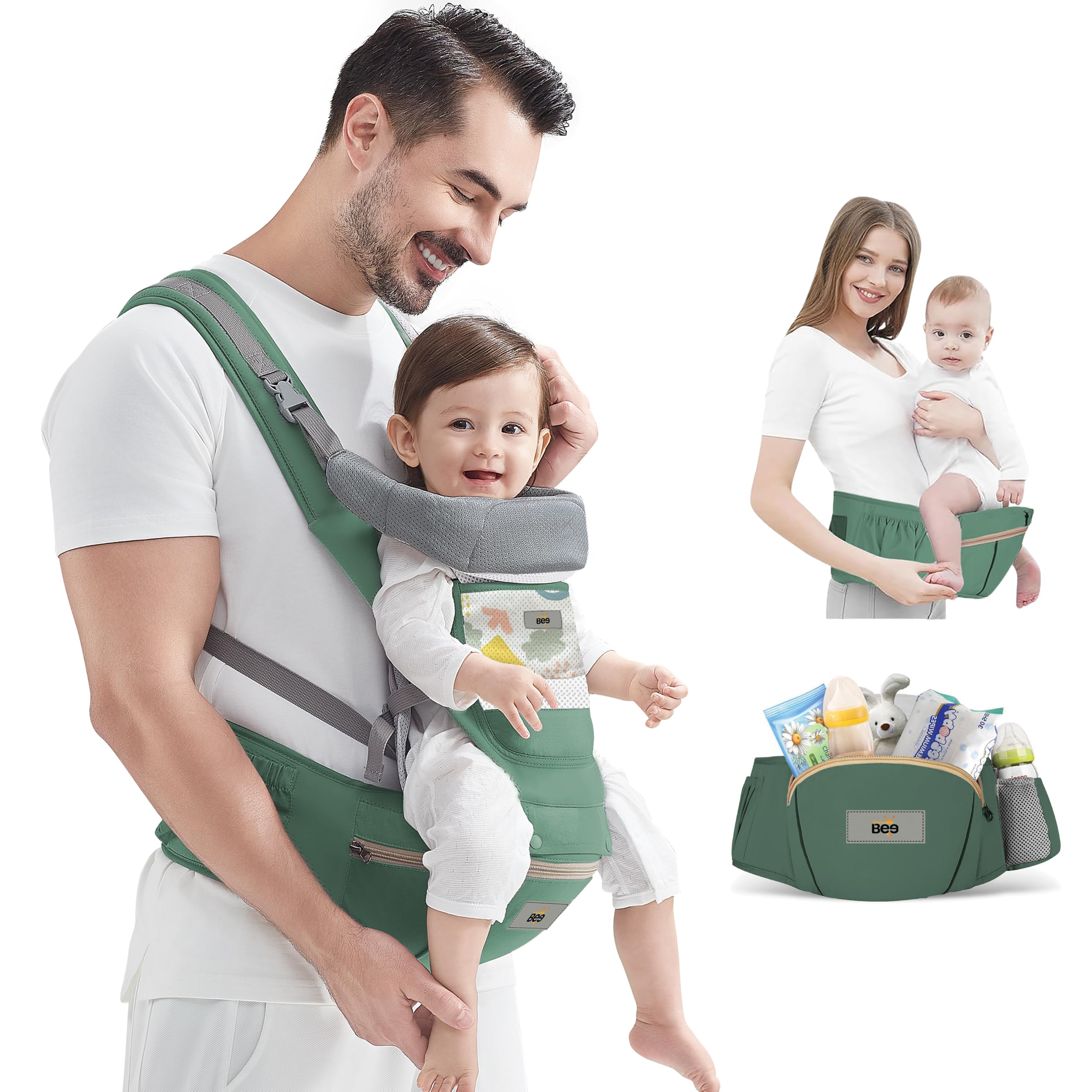 Golden Bee Comfort Nest Hip Seat Baby Carrier, Multi-Carry Positions, Ergonomic Design, Newborn to Toddler, Cotton Fabric with Breathable Mesh, 4 to 36 Months, Up to 15 kg,for All Seasons (Green)-picture-10