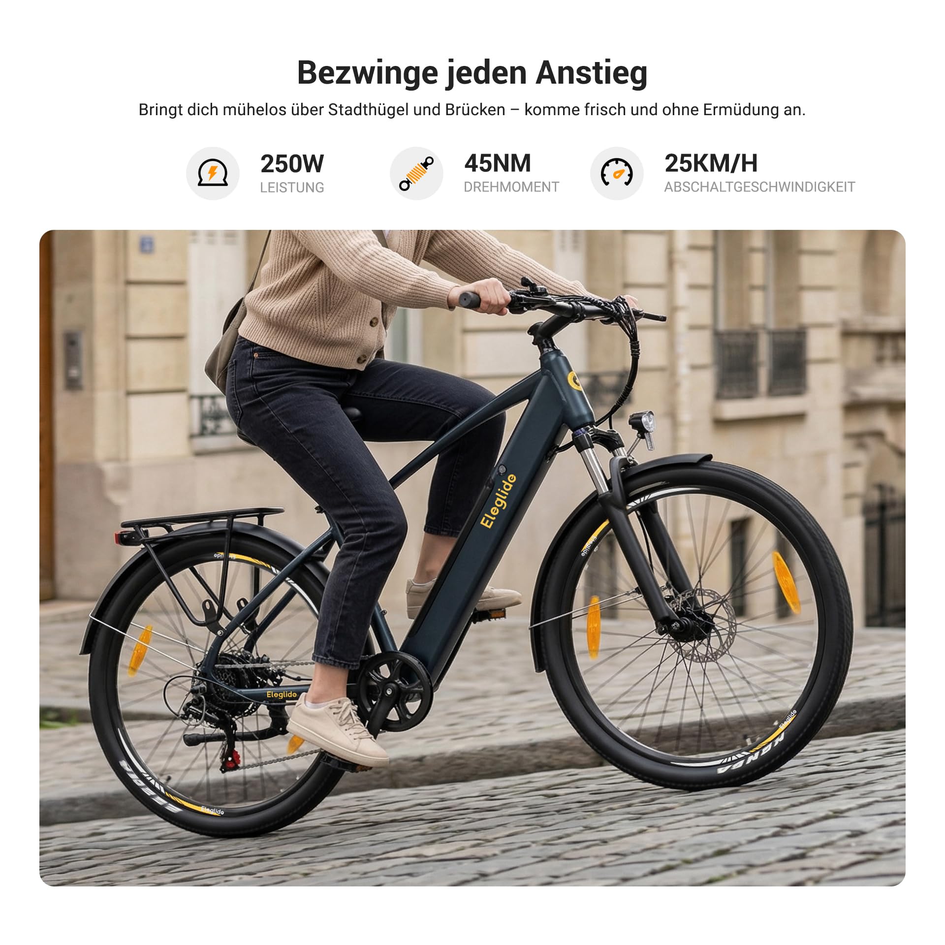 Eleglide E-Bike, T1 Elektrofahrrad 27.5'' Trekking E-Cityrad mit 13Ah Akku, 100KM Lang Range, 250W Motor, 7 Gäng E-Mountainbike für Damen und Herren, Doppelscheibenbremsen
