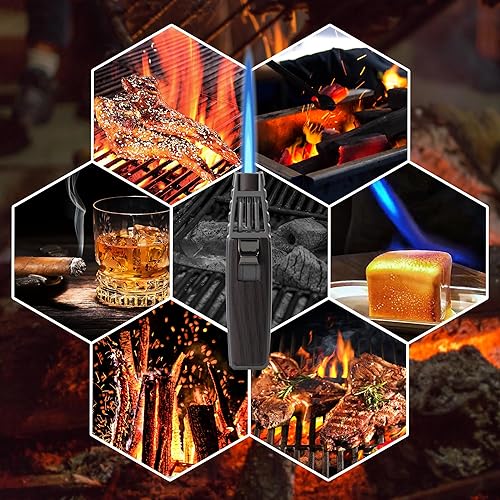 Miniatura 6 de Encendedor de butano, soplete de soldadura, estilo oro caoba, linterna de cocina recargable, resistente al viento, llama ajustable, soplete solar