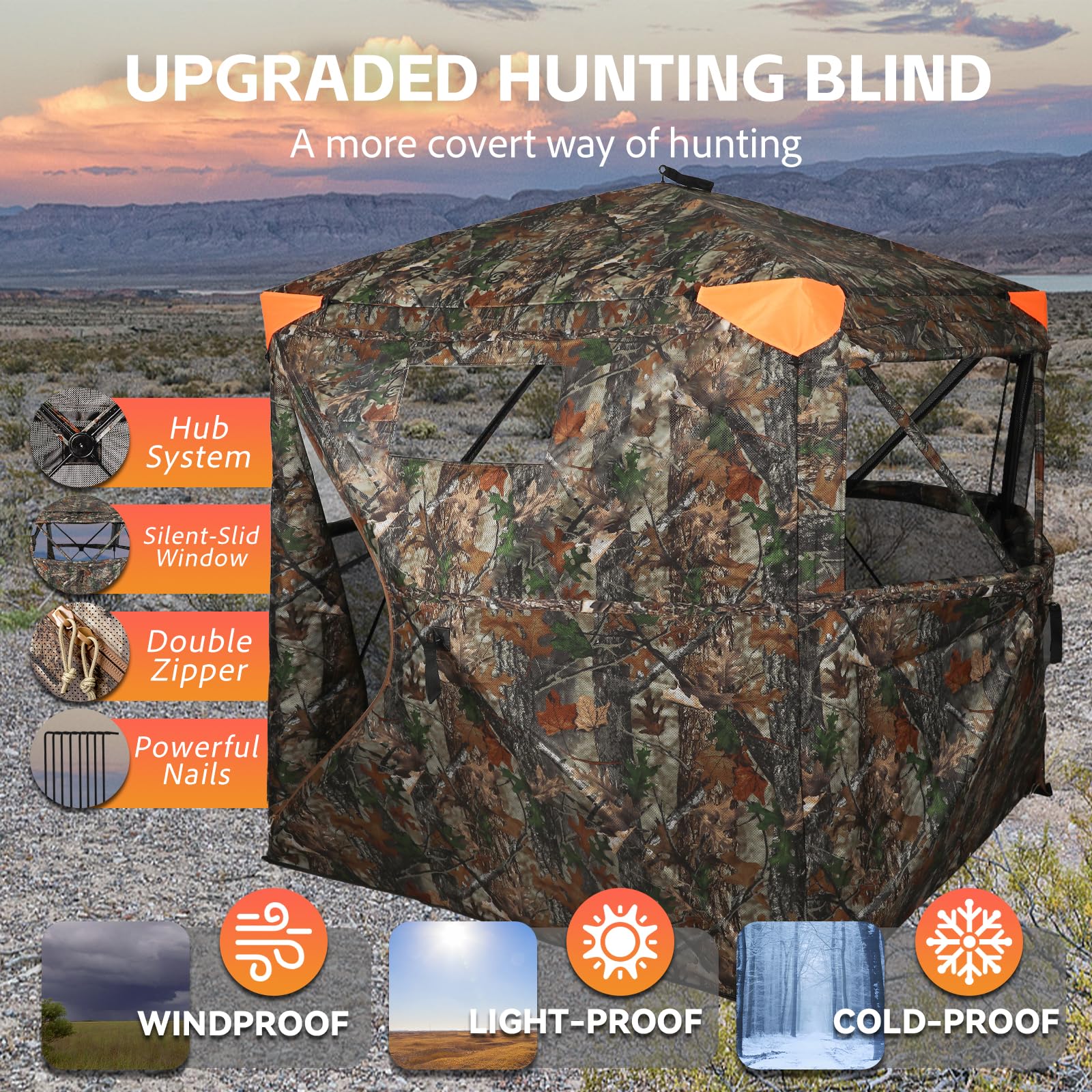 FUNHORUN Persiana de caza de 360 grados, transparente, doble puerta, para caza, 2/3 personas, portátil, camuflaje, ciervos/pavos, con paneles de seguridad naranja