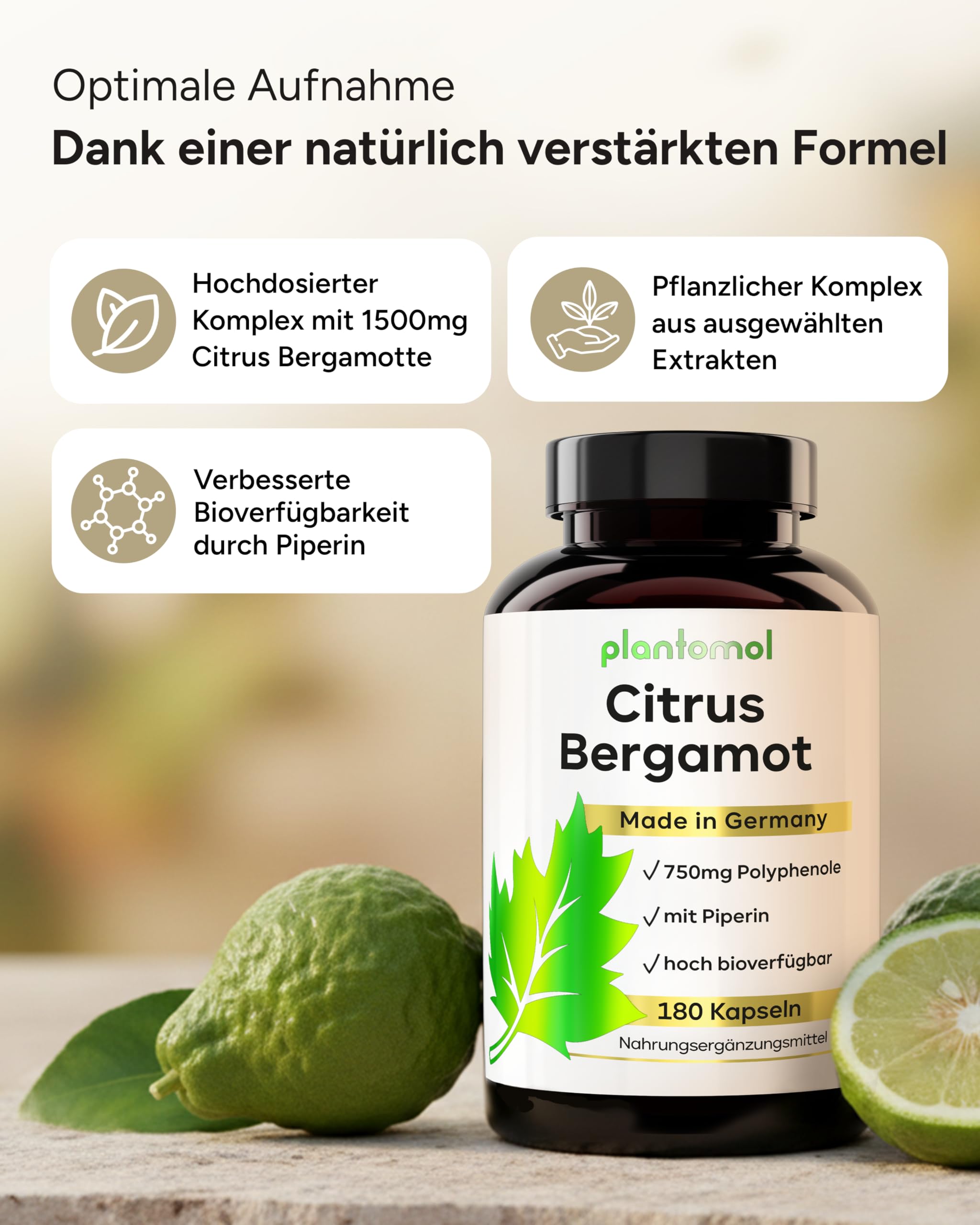 180 Citrus Bergamot Kapseln - 1500mg Extrakt pro Tag (2 Kaps.) mit 50% Polyphenole - Bergamotte Kapseln - 3 Monatsvorrat