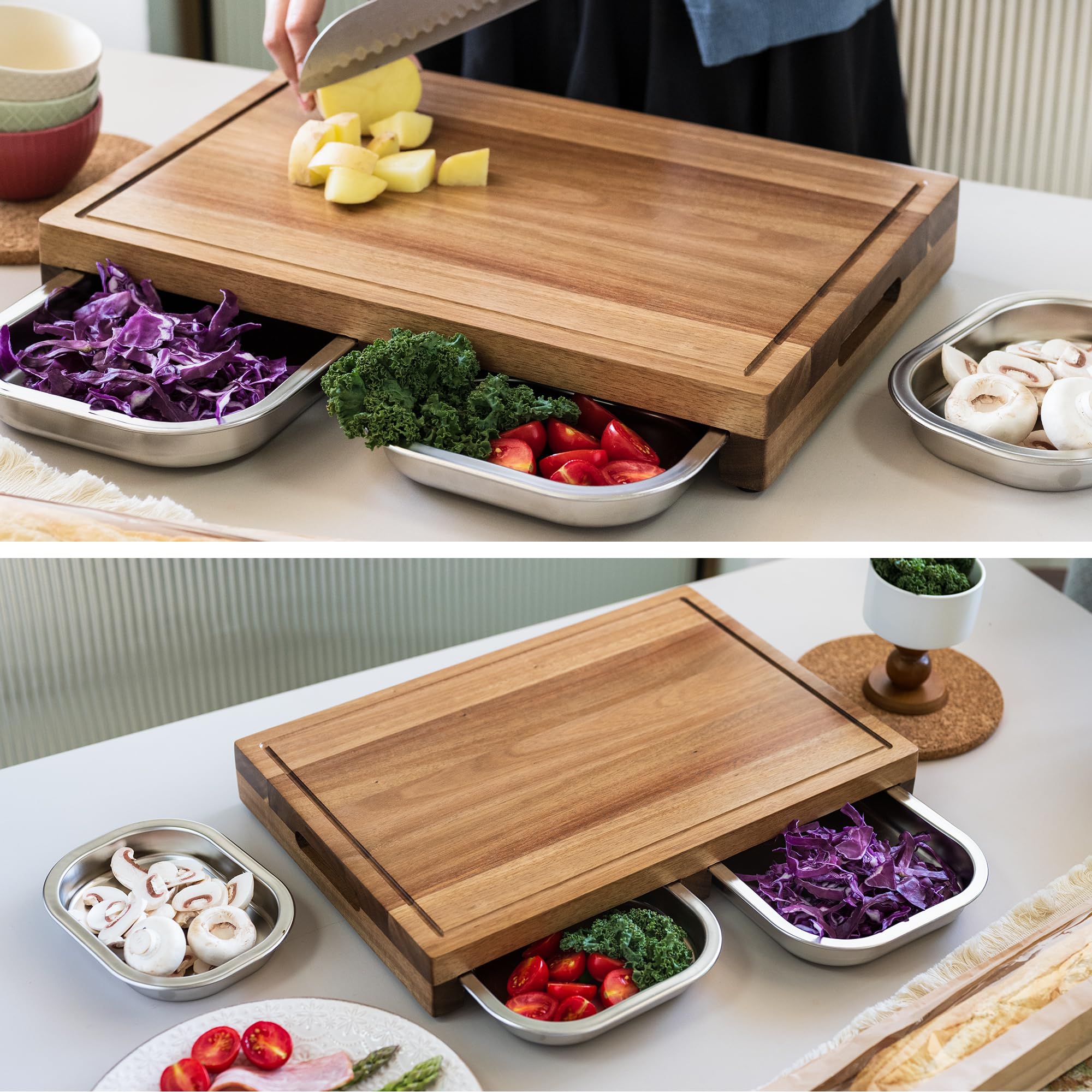 Tabla de cortar con bandeja recogedora, 44,5 x 30 x 6 cm, madera de acacia, tabla de cortar con 3 bandejas colectoras, tabla grande de madera de cocina