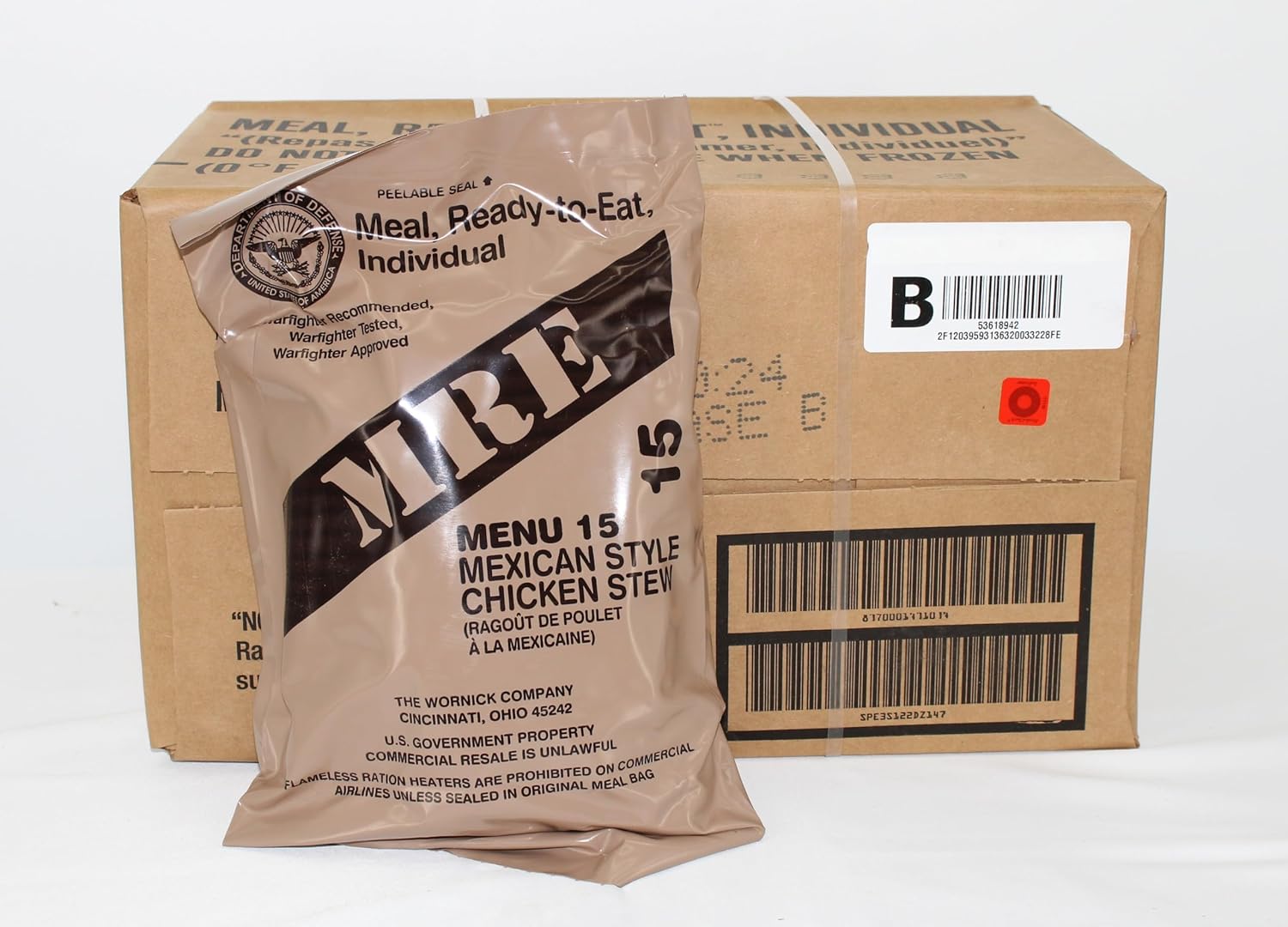 Wornick MRE Meals Ready to Eat, Inspection 2025, 2026 or Better, Emergency Food Supply, Survival Camping Outdoor 12 Pack (B Case, 1, Count)