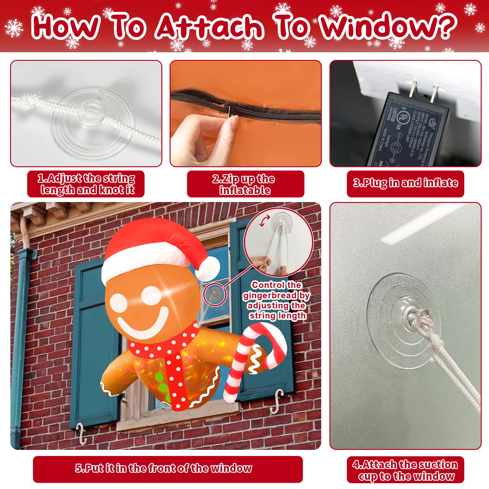 Aufblasbare Weihnachtsdekoration, Lebkuchen aus dem Fenster, 1,5 m, mit integrierten rotierenden bunten LED-Lichtern, Weihnachtsdekoration für den Innen- und Außenbereich, Hof, Garten, Zuhause,