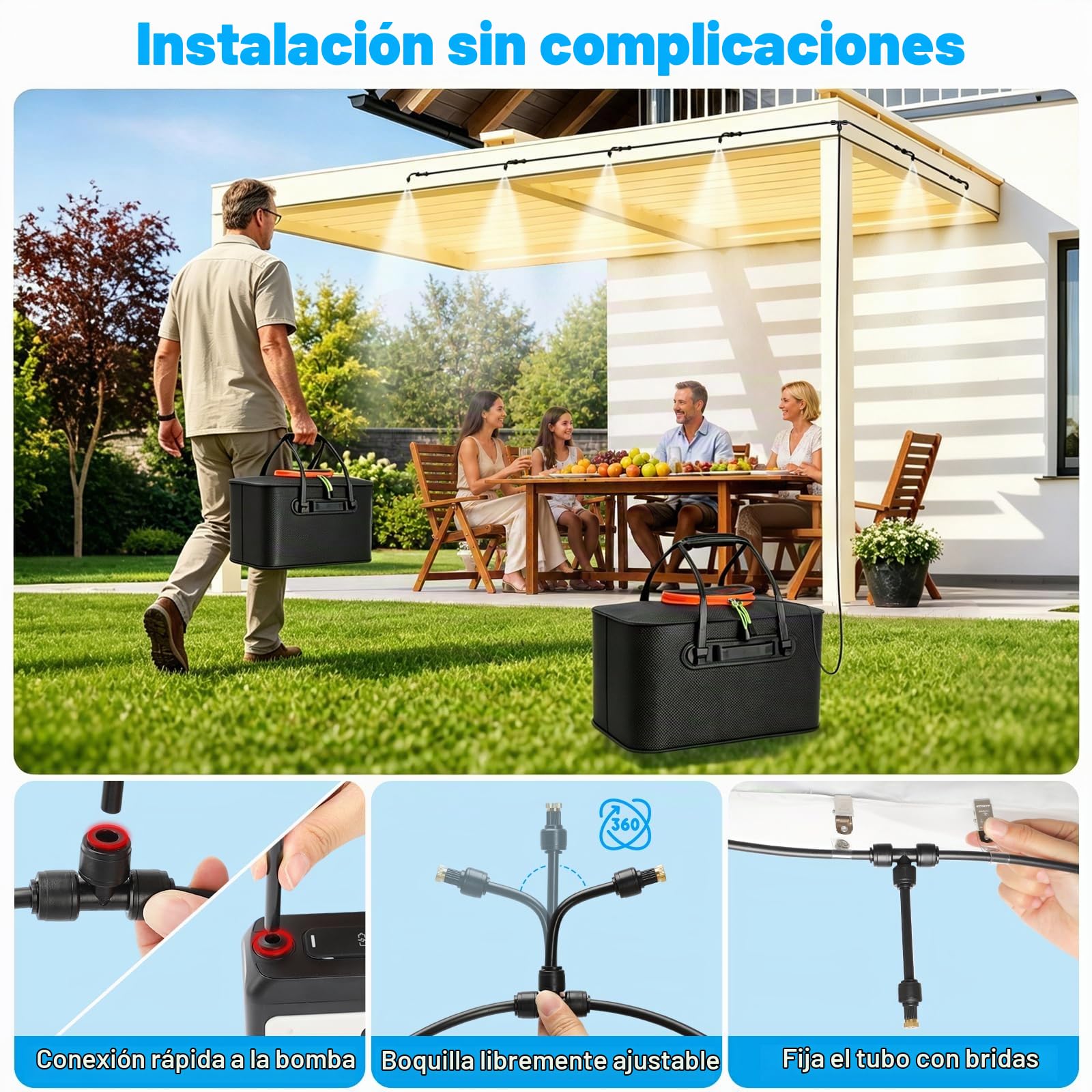 Bluepro Sistema de nebulización portátil de 50 pies para enfriar, rociadores para patio exterior con tanque plegable de 5.8 galones/22 L, bomba de 5200 mAh (IPX8) y 8 boquillas de latón ajustables