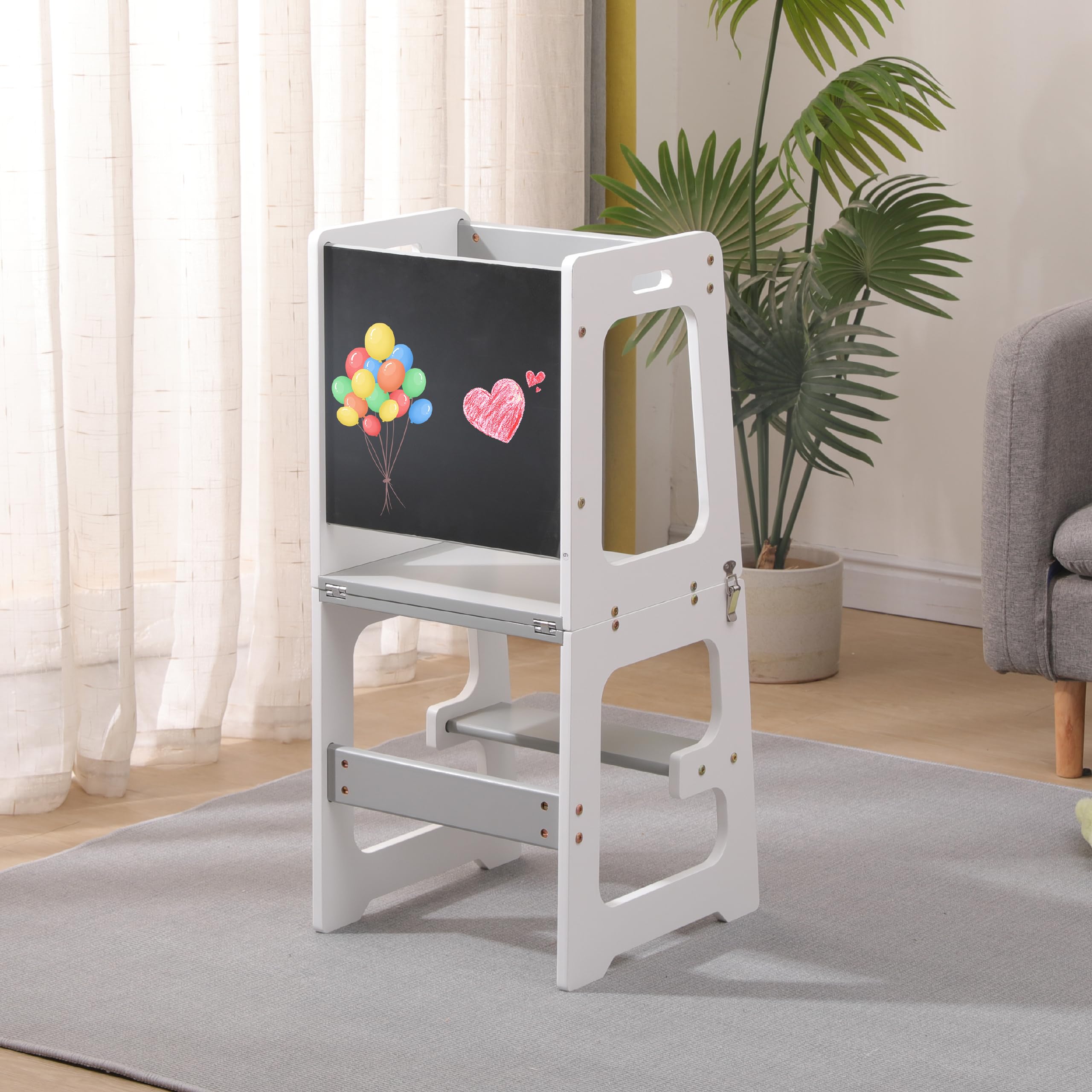 Tulano Mooby 35 Lernturm 3 in 1 für Kinder ab 1 Jahr - Stabil bis 60kg | Montessori Kitchen Helper umbaubar zu Tisch mit Stuhl & Maltafel - Kindermöbel aus MDF - Tritthocker Küche - Grau