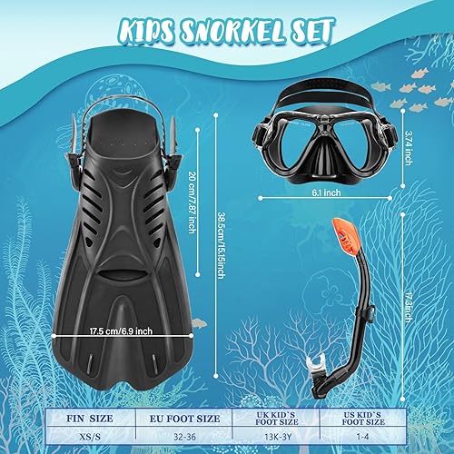 Miniatura 6 de Equipo de esnórquel para niños de 3 a 14 años, juego de aletas de máscara 4 en 1 con vista panorámica, máscara antivaho con parte superior seca,
