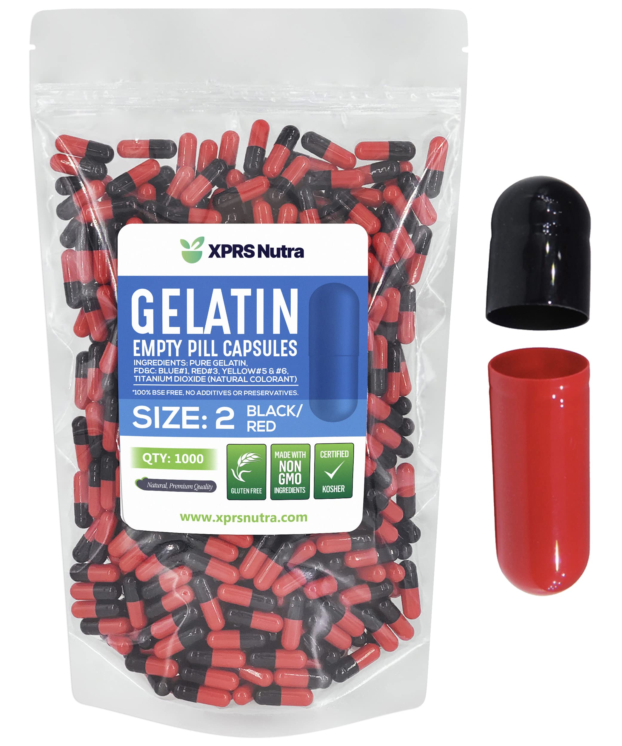 XPRS Nutra Size 2 Empty Capsules - 1000 Count Empty Gelatin Capsules - Pills DIY Capsule Filling - Pure Bovine Pill Gel Caps for Do-It-Yourself Supplements (Black/Red) 1000 Count (Pack of 1) Black / Red