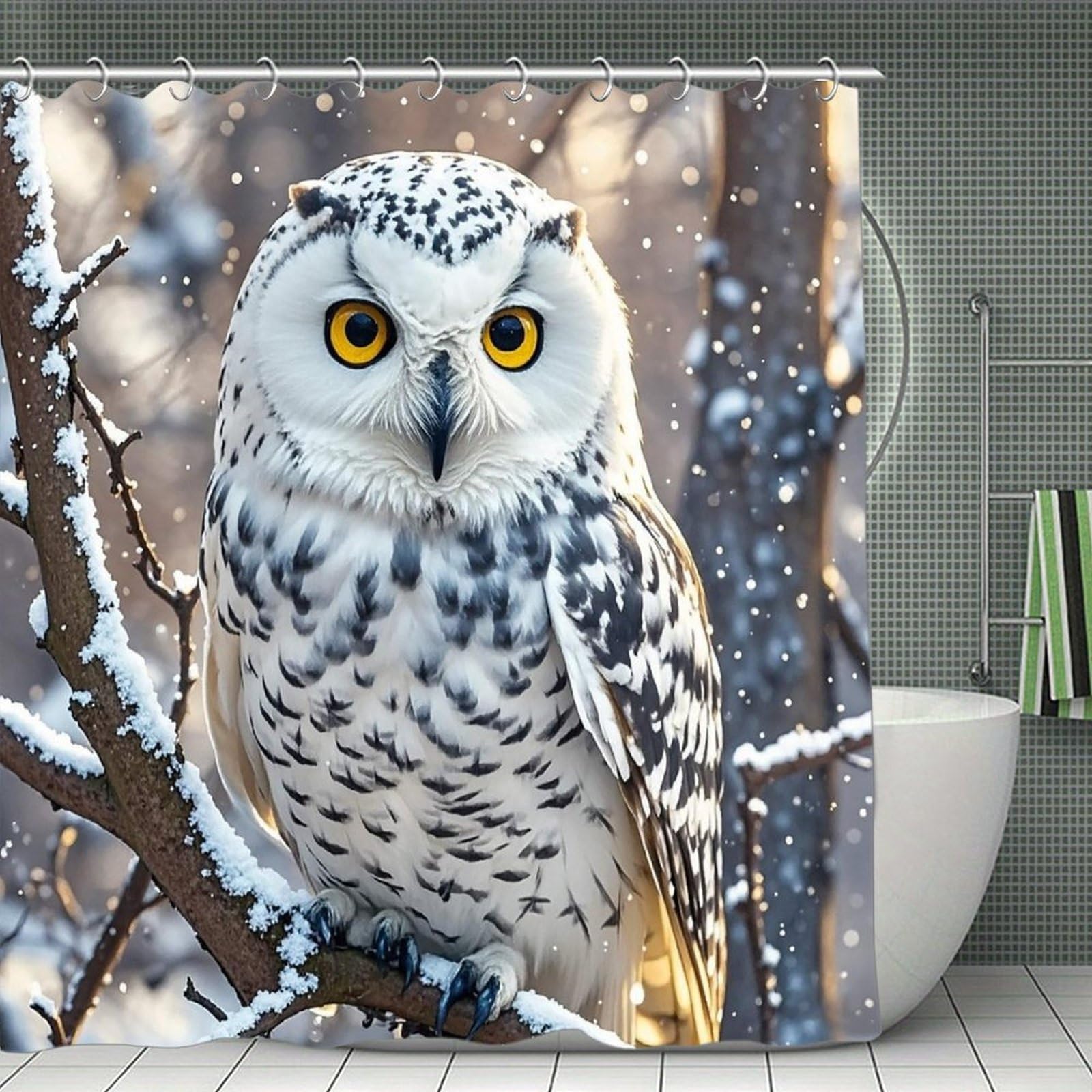 FekiLoot Winter White Owl Shower Curtain Minimalist Thick Bathroom Curtain Washable Modern Bathroom Shower Curtain Heavy Duty Waterproof Cloth Bath Curtain with Hooks 70.8"x70.8"