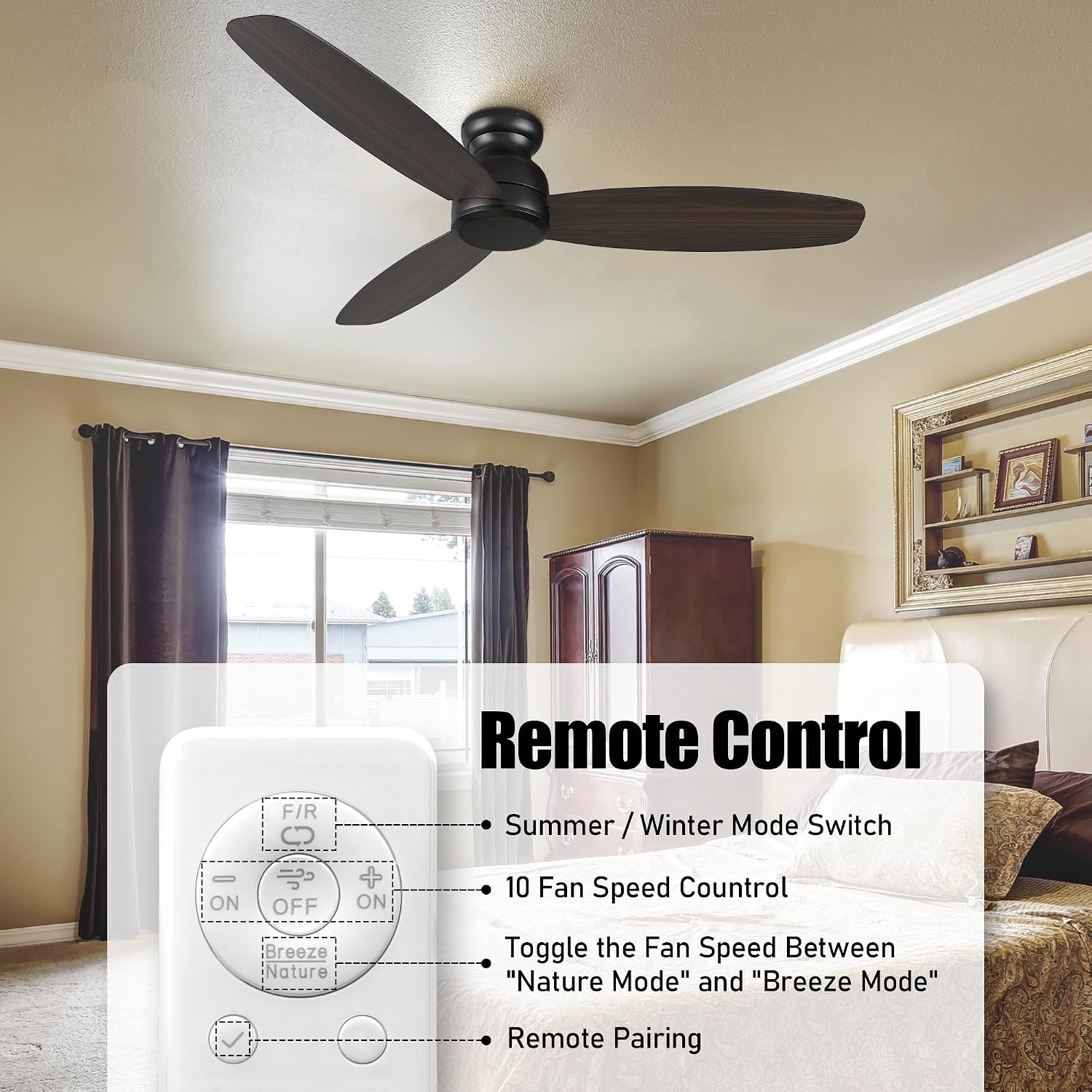 CEME 60 Inch Flush Mount Ceiling Fan without Lights, Black Ceiling Fan with Remote Low Profile, 10-Speed Reversible DC Motor, 3 Dual Finish Blades, Indoor Ceiling Fan for Bedroom