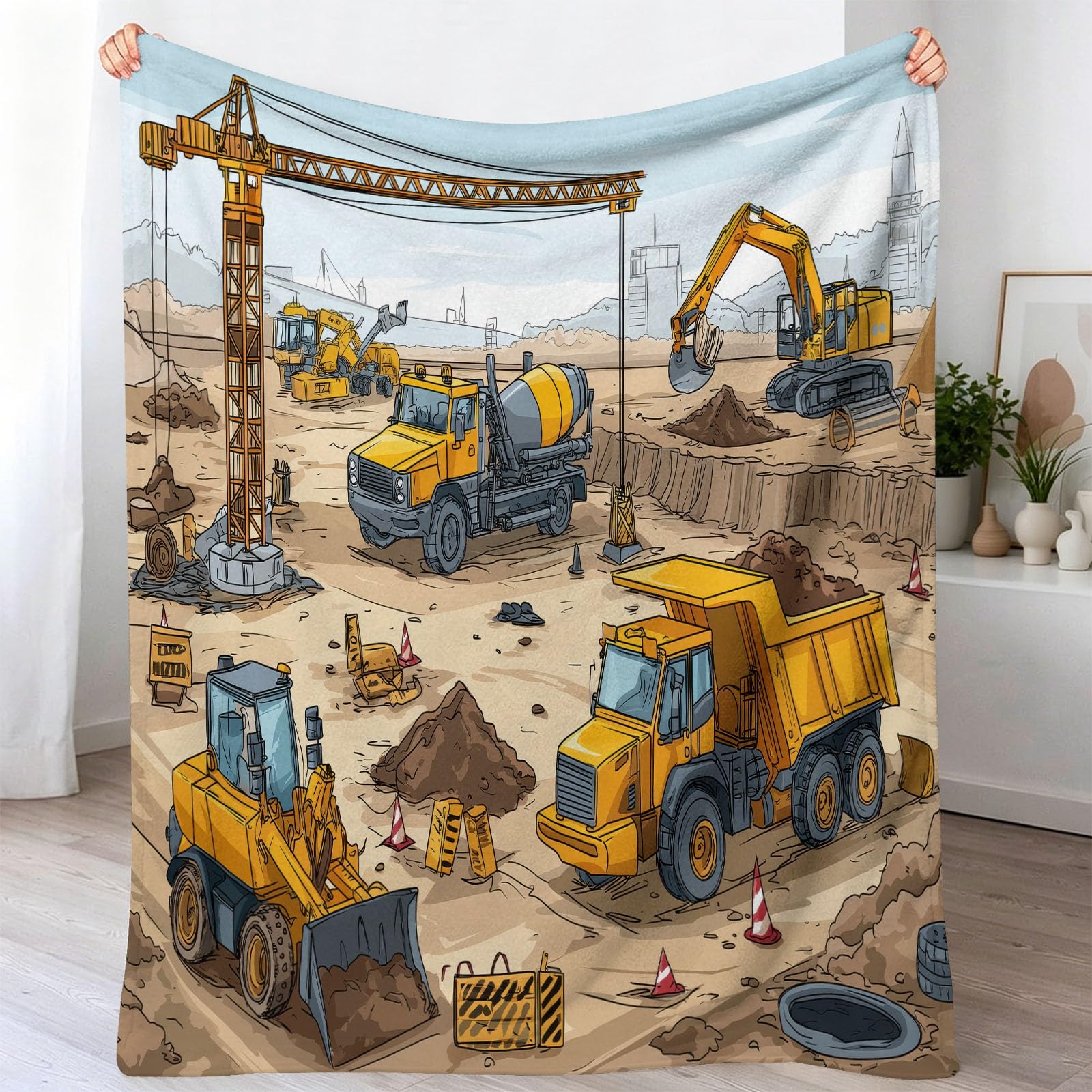 Weich Flauschig Kuscheldecke 180x200 cm, Cartoon Baustelle Warme Flanell Fleecedecke, Baumaschinen Fahrzeuge Motiv Kuschelig Decken als Sofadecke Tagesdecke Wohndecke, Braun