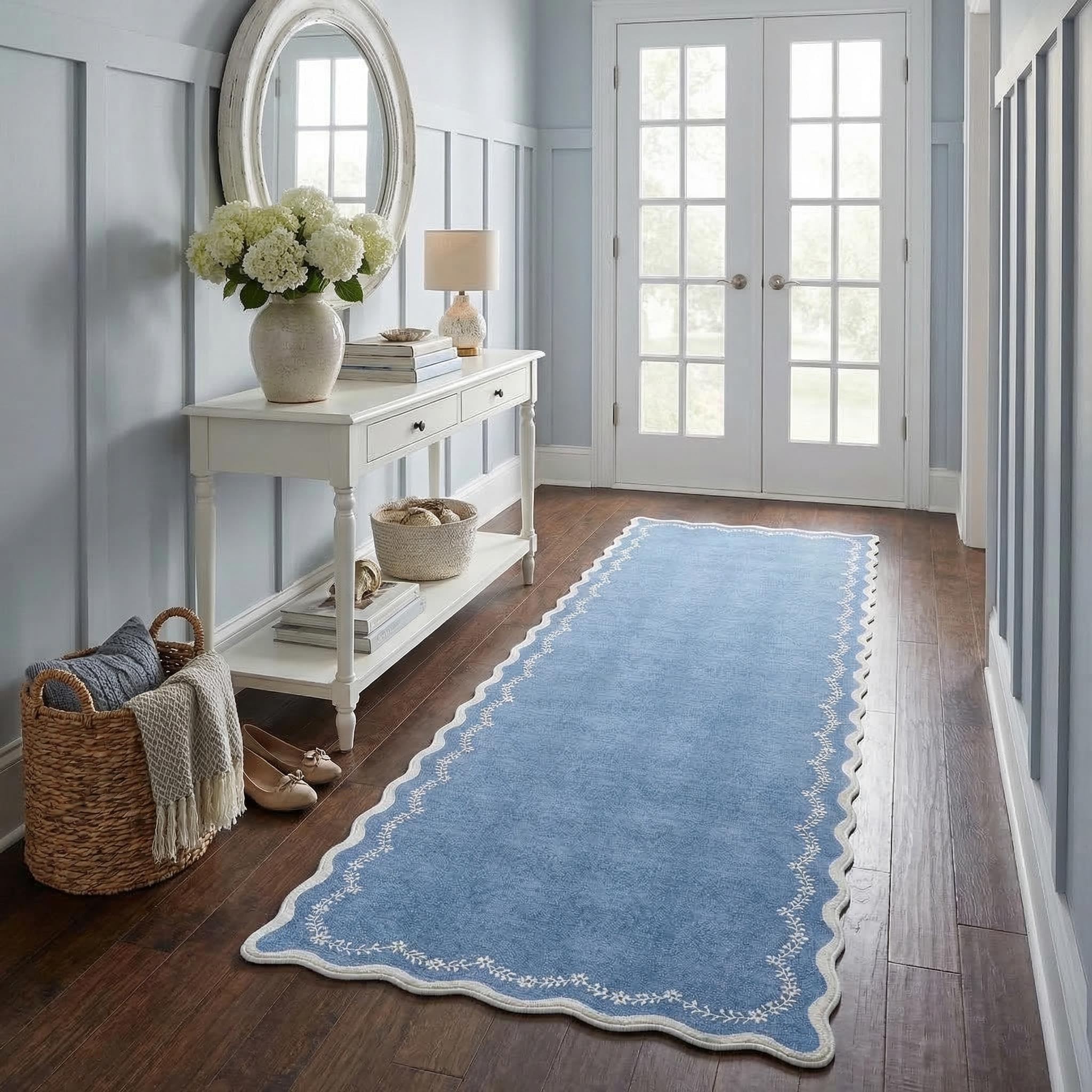 FairyStyle Scalloped Blue Runner Rug, Washable 60 x 180 cm for Hallway — image 1