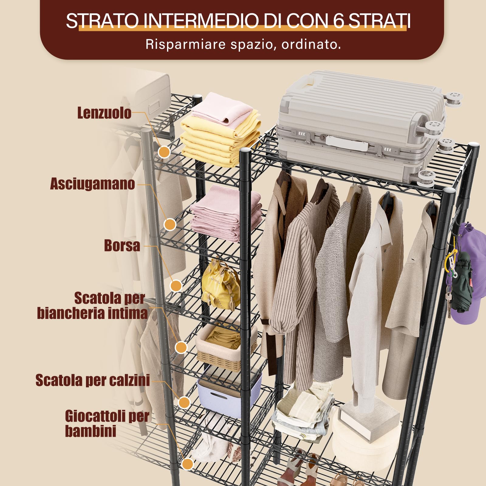 AQRA Appendiabiti da Terra Metallico, Armadio Aperto Cabina Componibile | 3 aste per abiti, ganci laterali, portata massima 372kg, dimensioni 144×42×193cm
