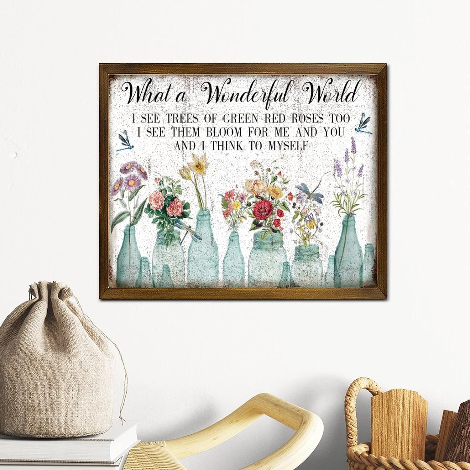 What A Wonderful World Framed Wood Sign Vintage Dragonfly Tulip Rose Flower Vase Hanging Sign Farmhouse Hello Spring Flower Wood Hanging Wall Art Decor for Home Family Living Room Bedroom 16x20 Inch