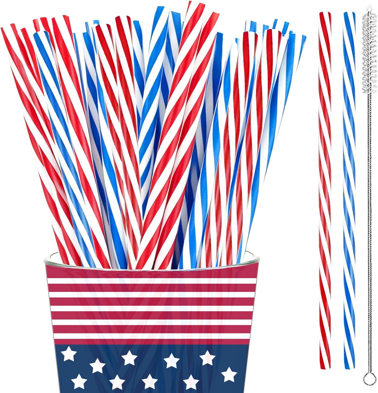 4th-of-July-Patriotic-Party-Decorations-Reusable-Red-White-and-Blue-Striped-Straw,50PCS 9 Inch Plastic Drinking Straws for American Independence Memorial Veteran's Day Favors Nautical Party Supplies